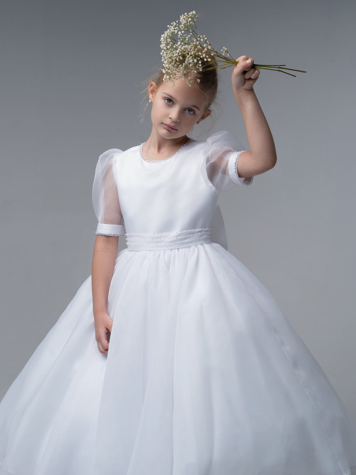 'Genevieve' White Organza Beaded Communion Dress - Rose & Albert