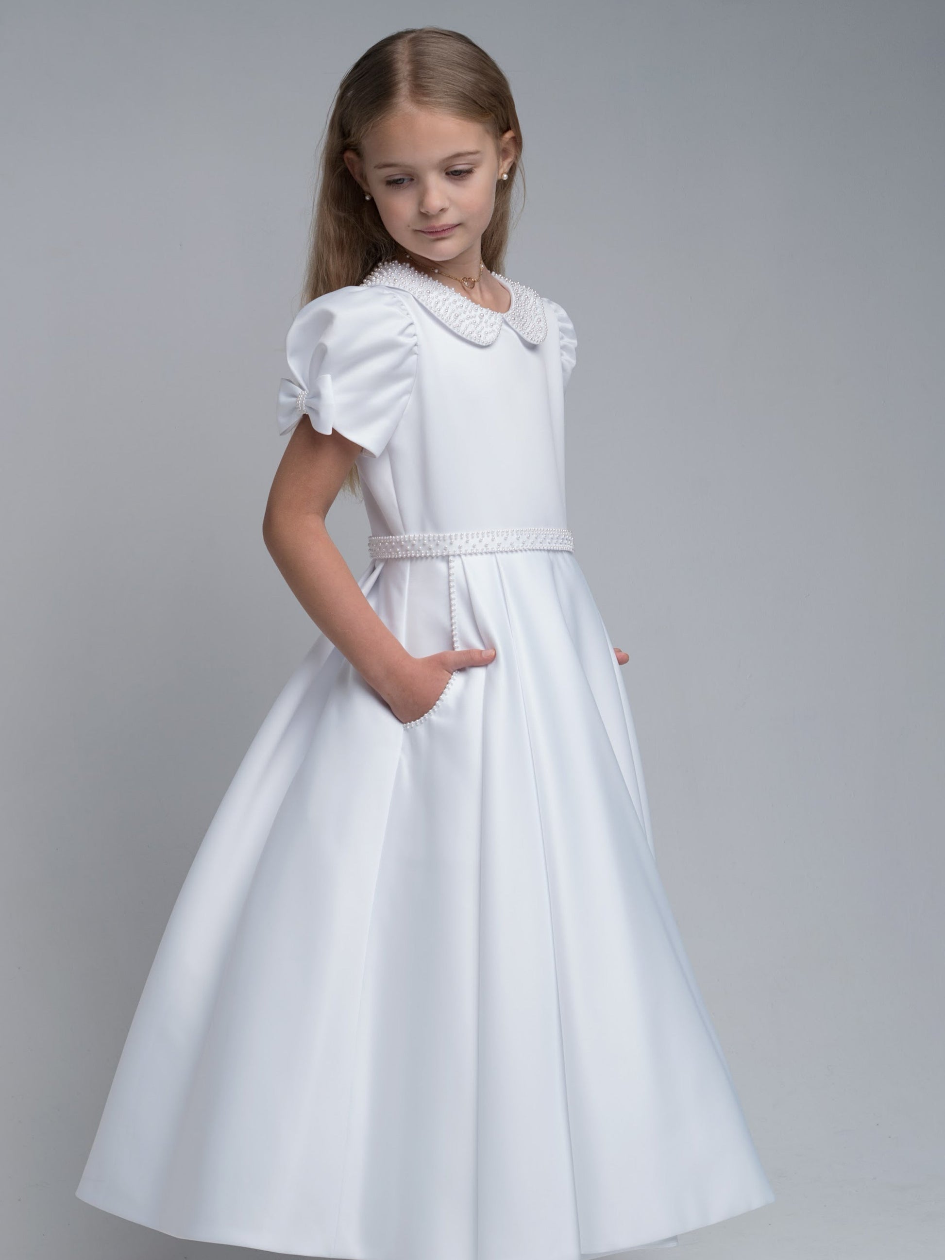 'Isabella' White Pearl trim Communion Dress - Rose & Albert
