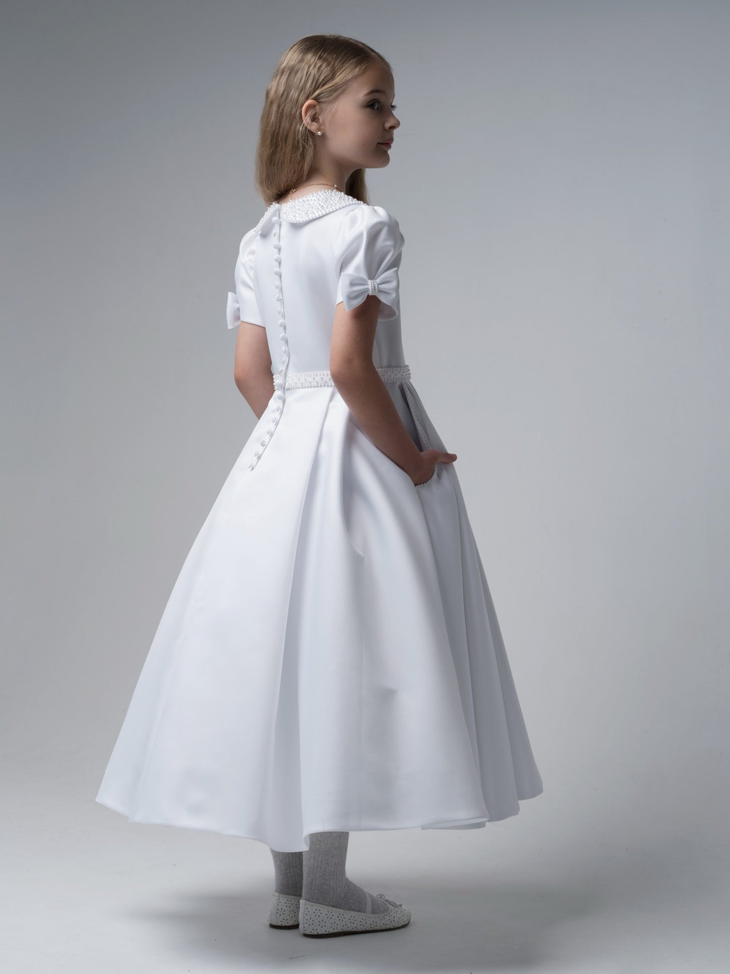 'Isabella' White Pearl trim Communion Dress - Rose & Albert