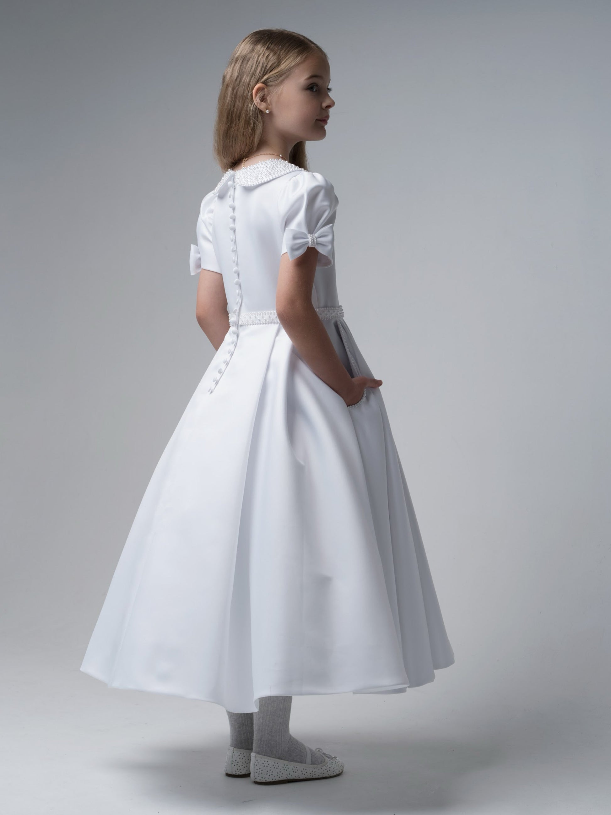 'Isabella' White Pearl trim Communion Dress - Rose & Albert