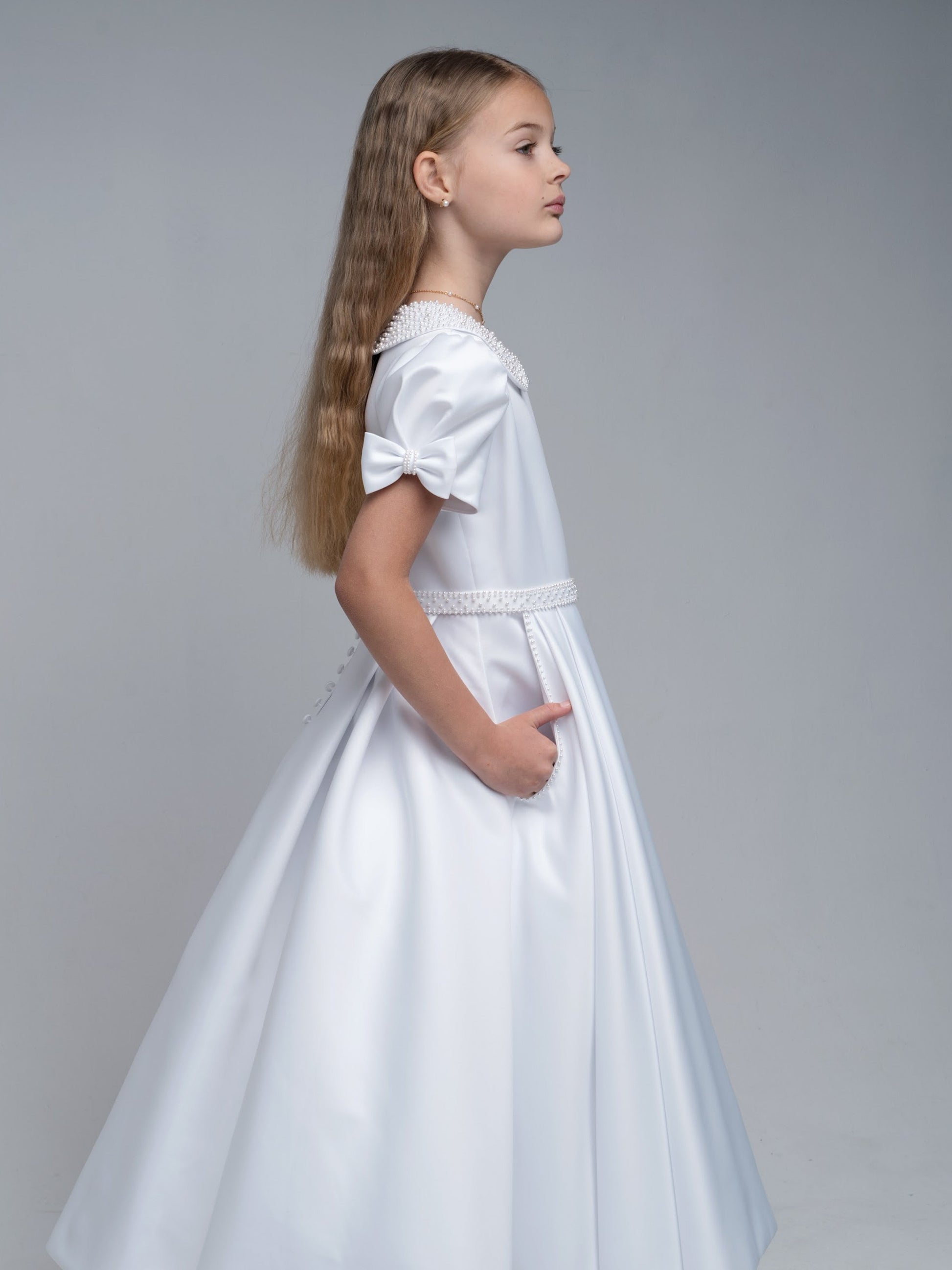'Isabella' White Pearl trim Communion Dress - Rose & Albert