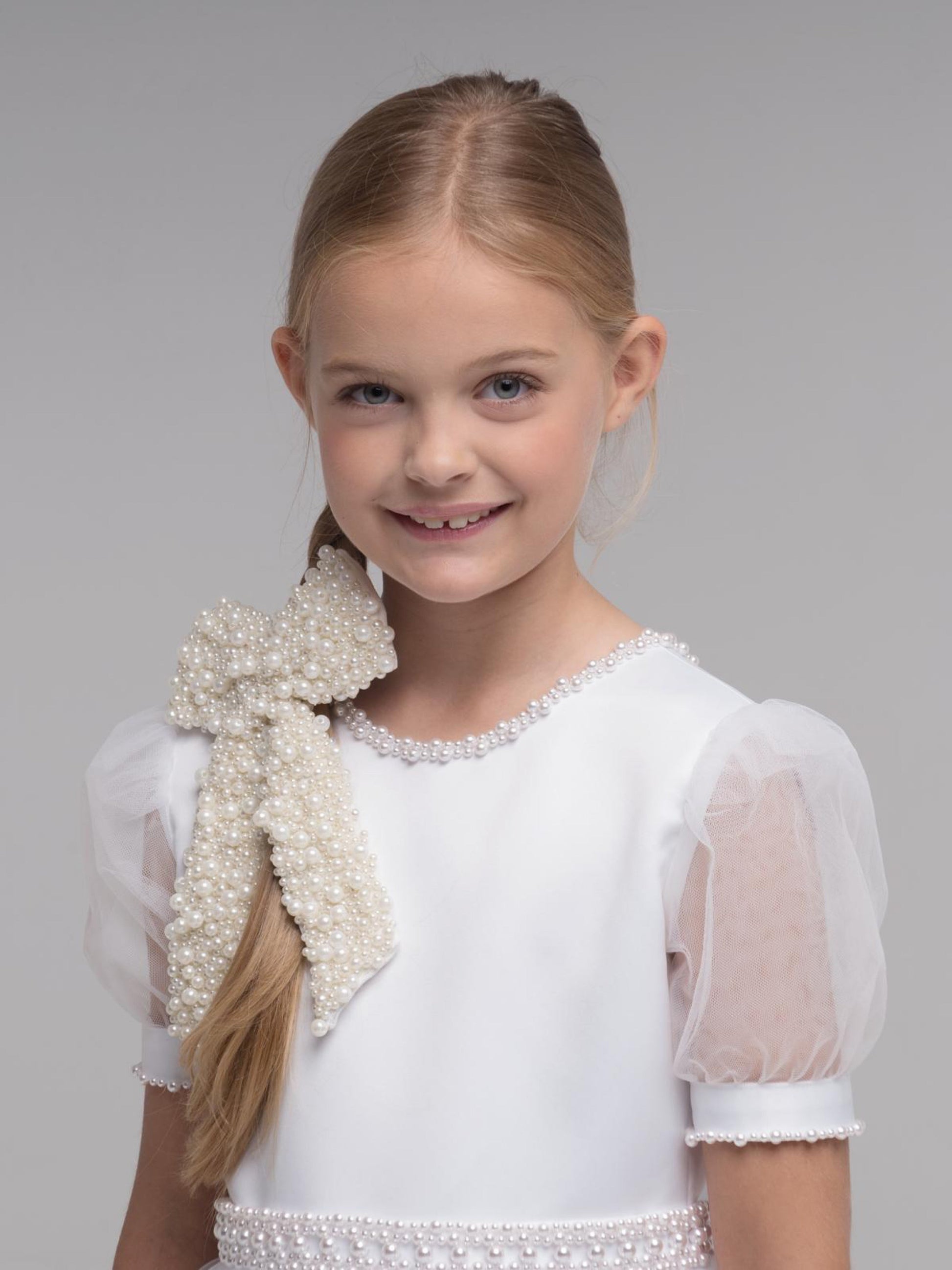 'Mila' White Organza Beaded Communion Dress - Rose & Albert