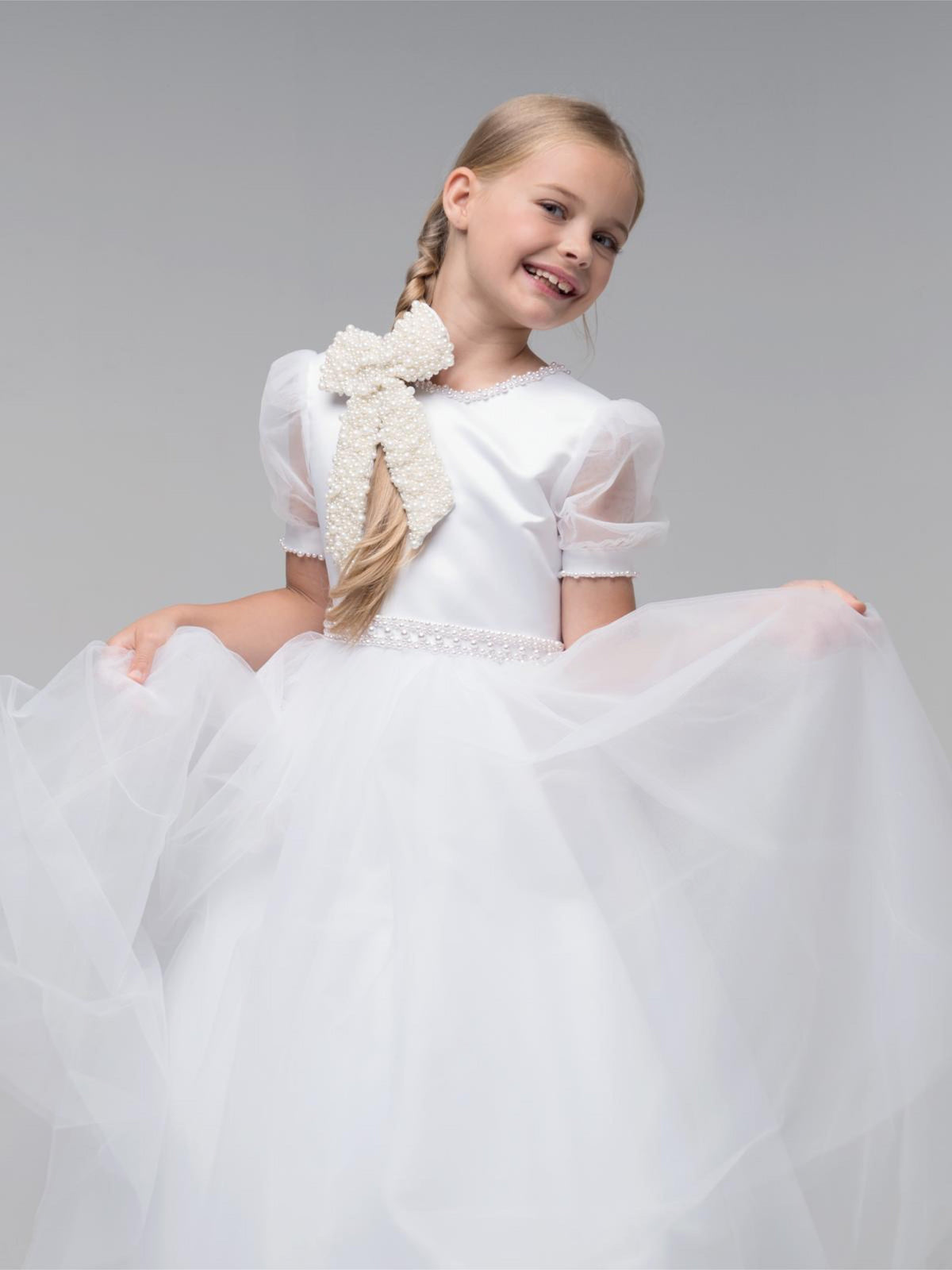 'Mila' White Organza Beaded Communion Dress - Rose & Albert