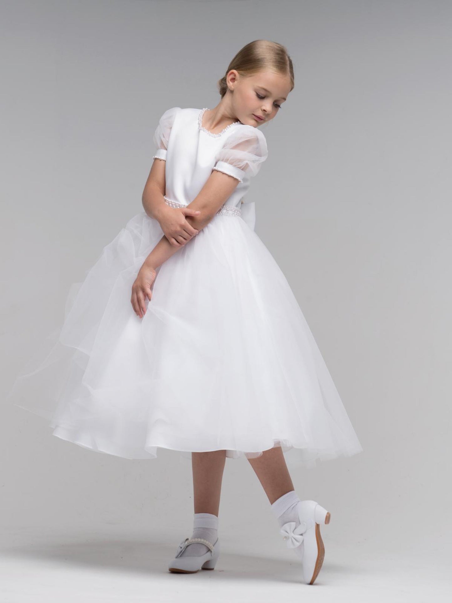 'Mila' White Organza Beaded Communion Dress - Rose & Albert