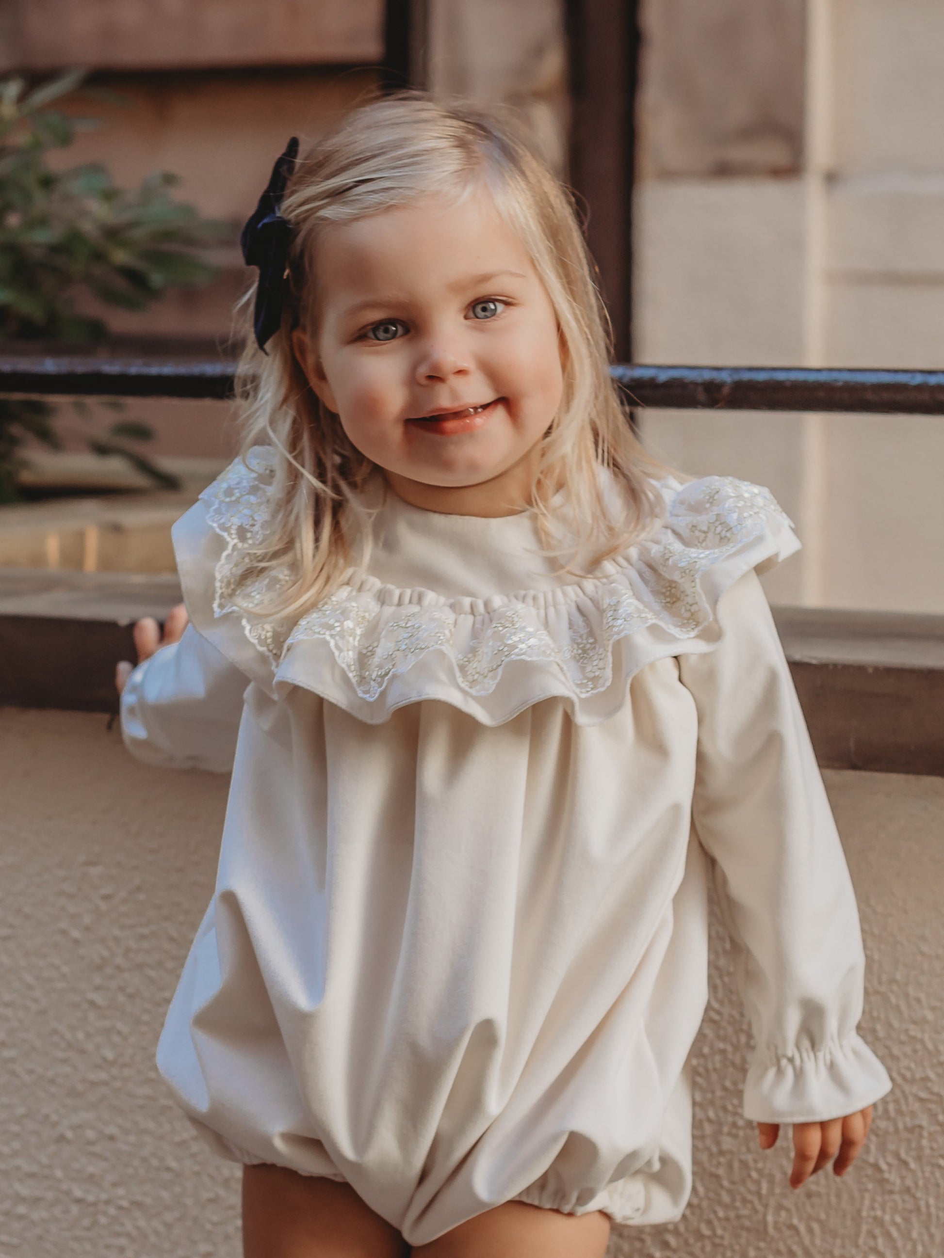 'Eve' Ivory velvet & gold lace romper - Rose & Albert