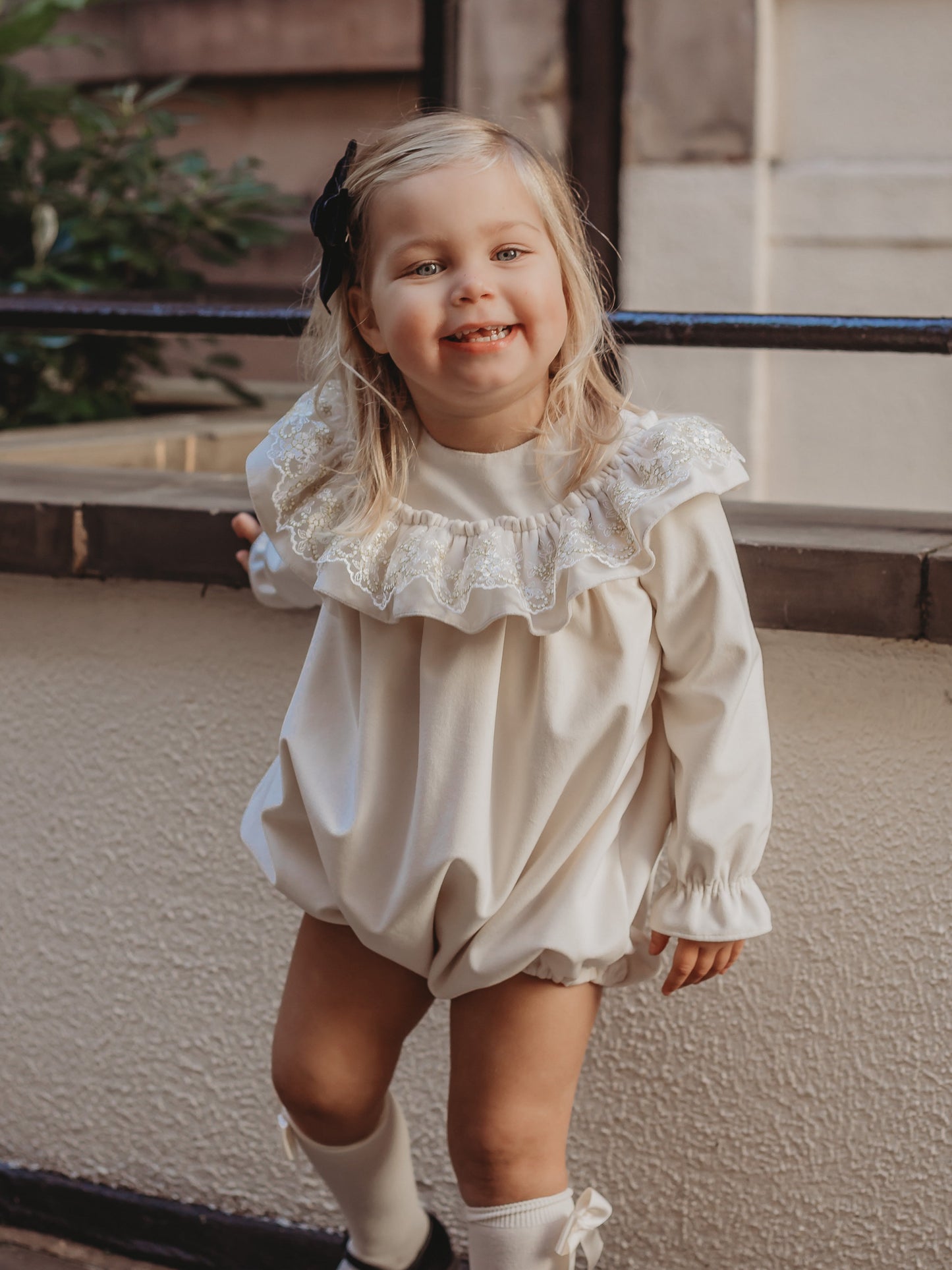 'Eve' Ivory velvet & gold lace romper - Rose & Albert