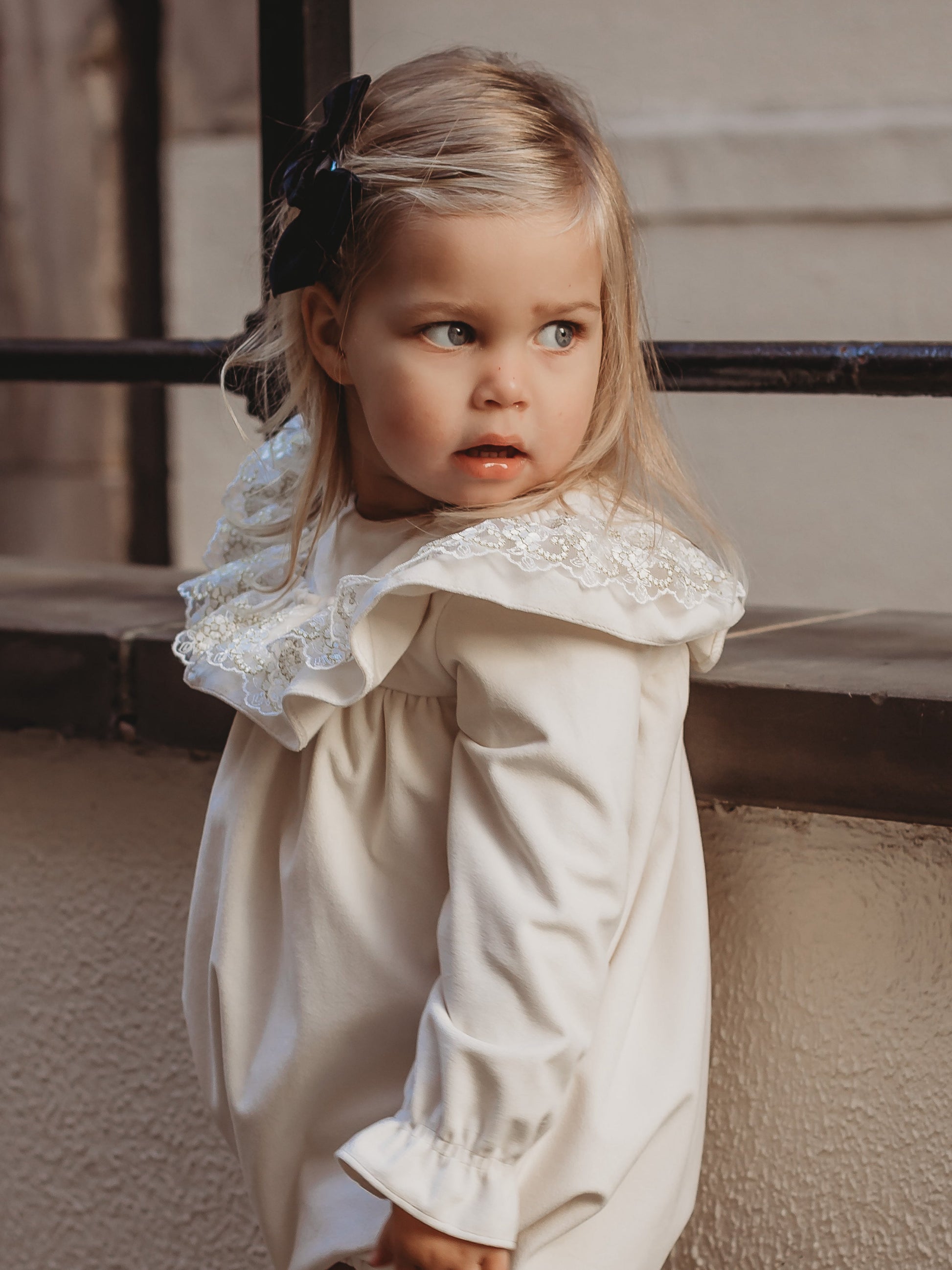 'Eve' Ivory velvet & gold lace romper - Rose & Albert