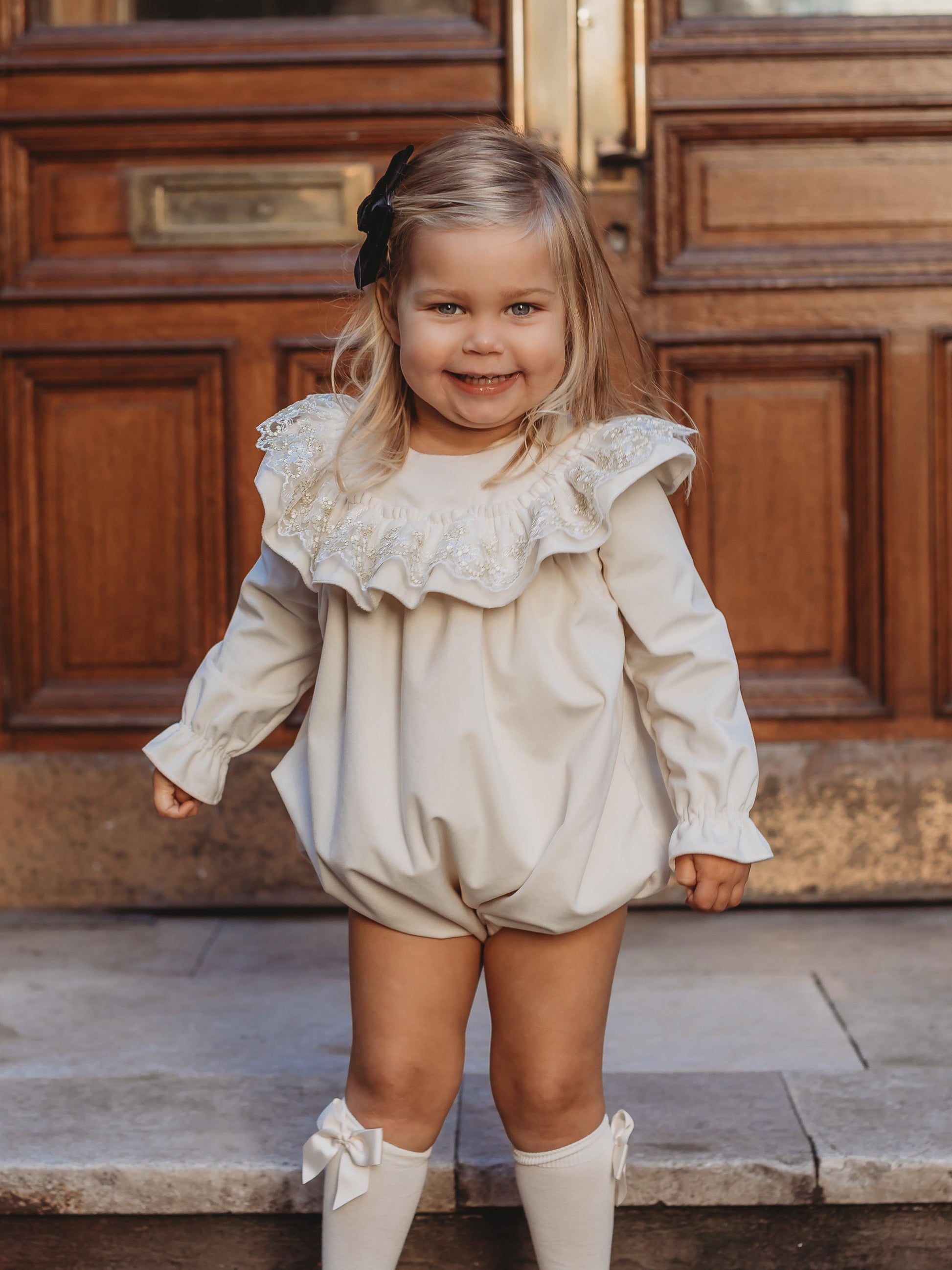 'Eve' Ivory velvet & gold lace romper - Rose & Albert