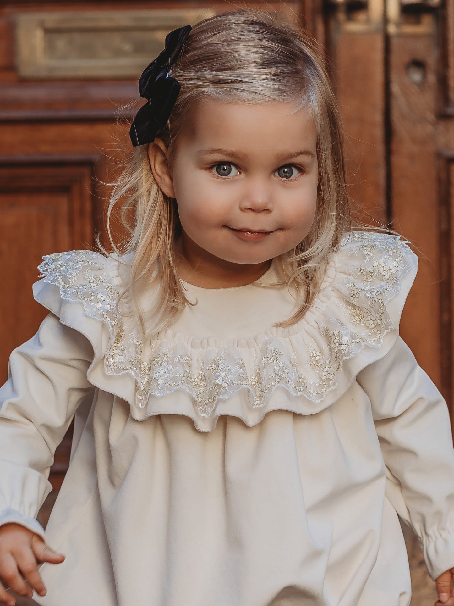 'Eve' Ivory velvet & gold lace romper - Rose & Albert