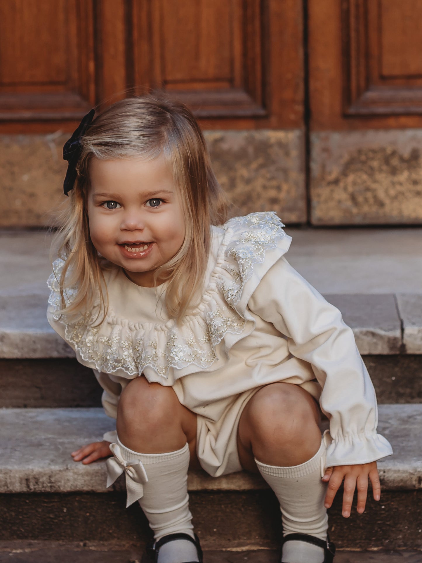 'Eve' Ivory velvet & gold lace romper - Rose & Albert