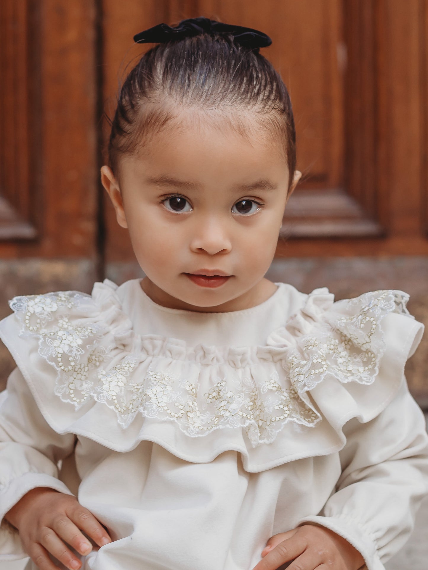 'Eve' Ivory velvet & gold lace dress - Rose & Albert