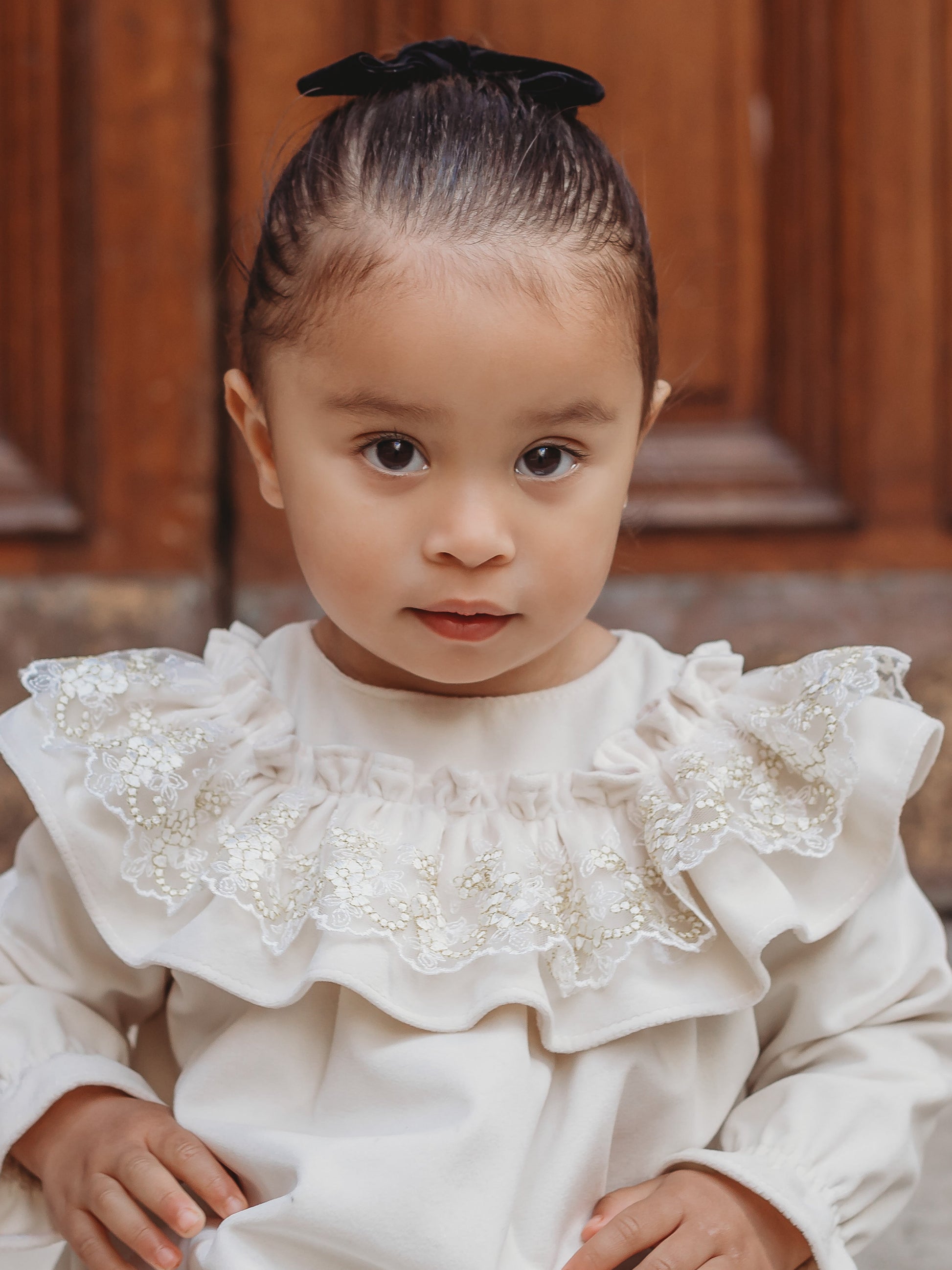 'Eve' Ivory velvet & gold lace dress - Rose & Albert