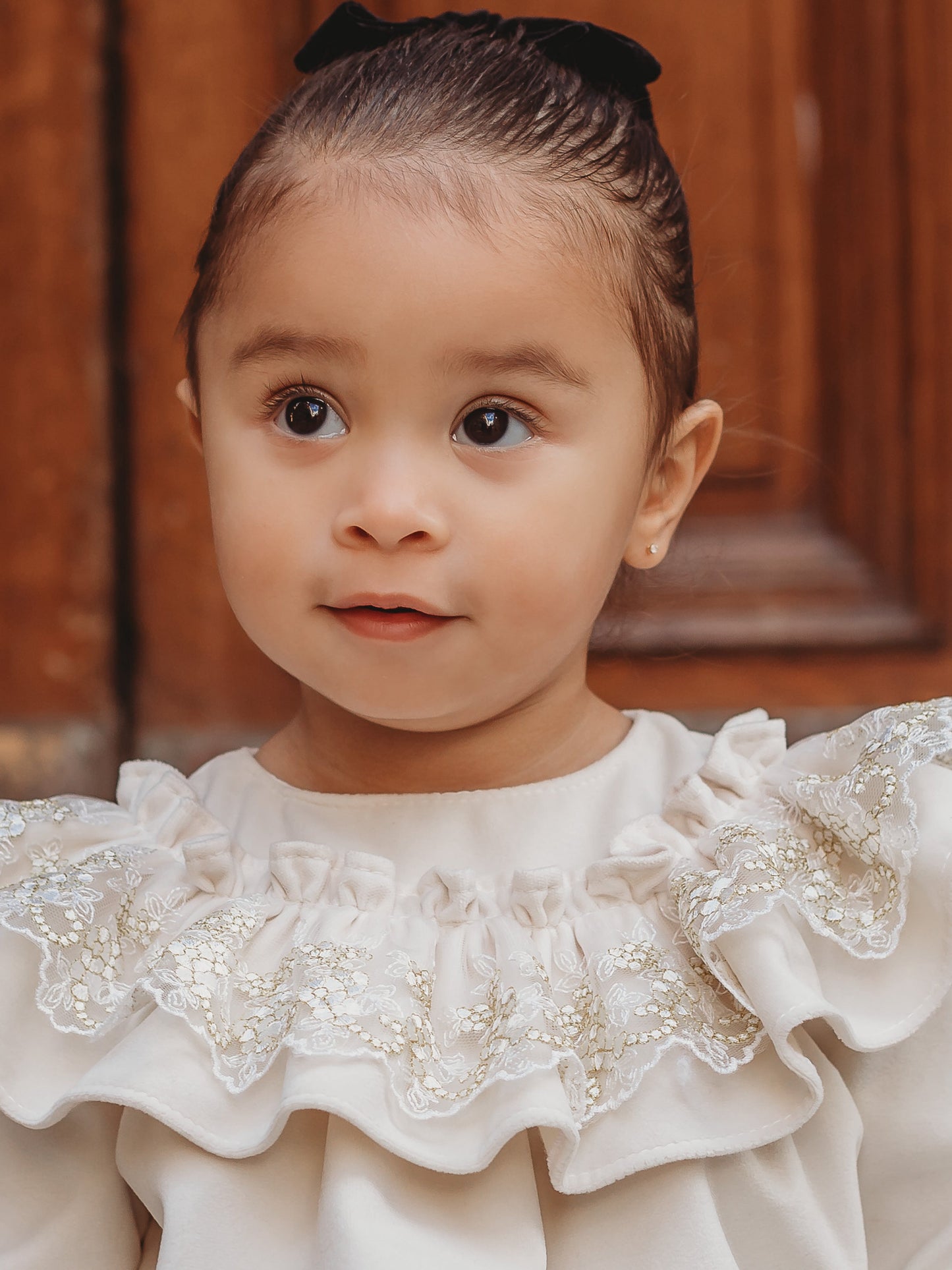 'Eve' Ivory velvet & gold lace dress - Rose & Albert