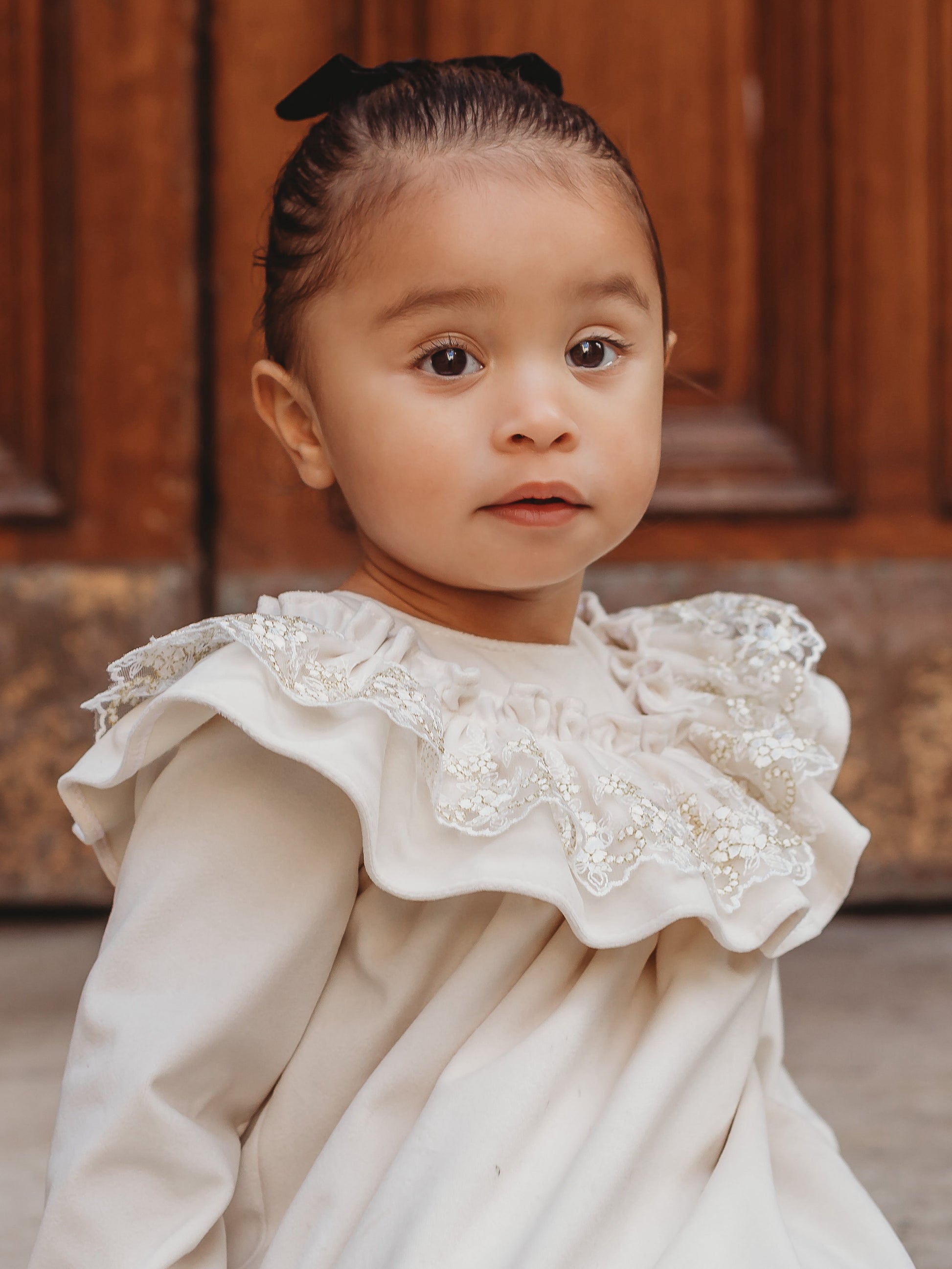 'Eve' Ivory velvet & gold lace dress - Rose & Albert