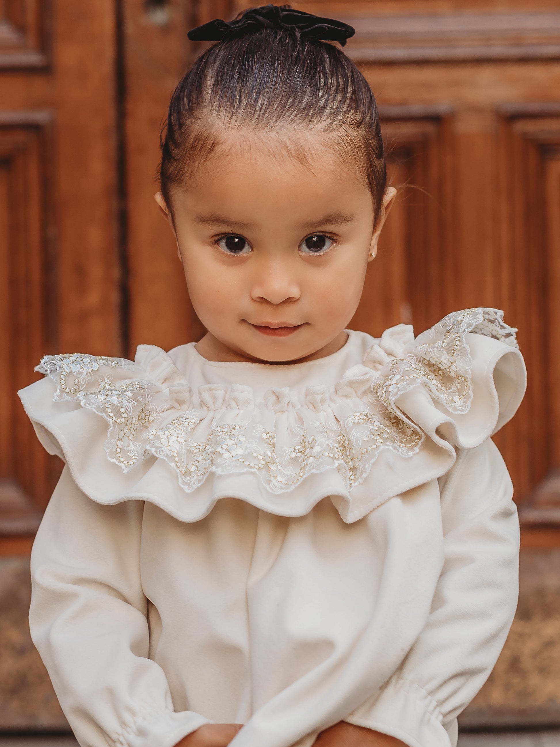 'Eve' Ivory velvet & gold lace dress - Rose & Albert