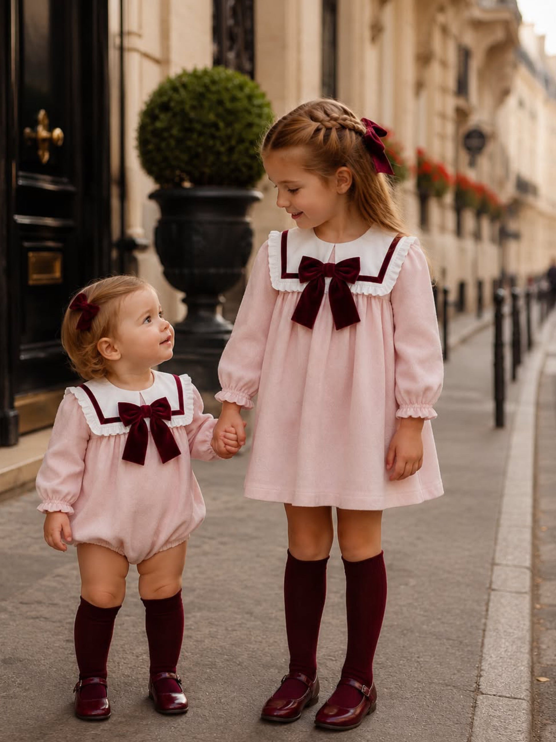 'Bordeaux' pink babycord frill collar dress with burgundy bow - Rose & Albert