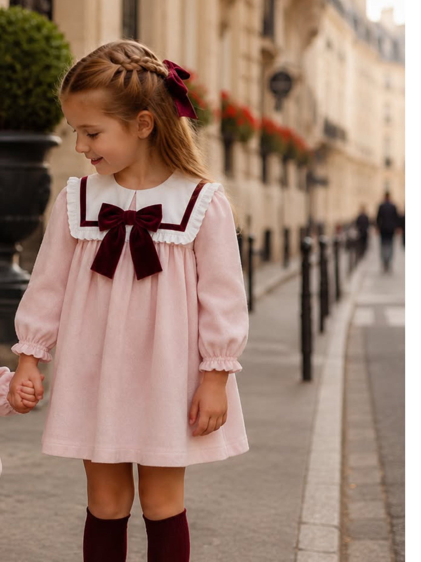 'Bordeaux' pink babycord frill collar dress with burgundy bow - Rose & Albert