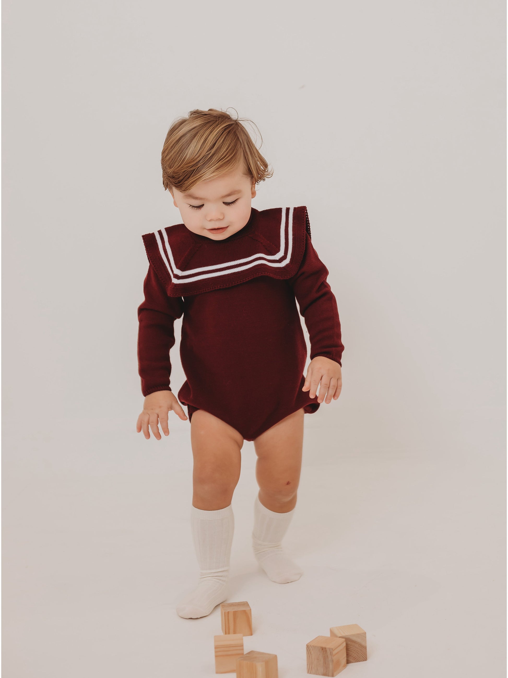 'Charlie' burgundy & ivory knitted romper with sailor collar - Rose & Albert