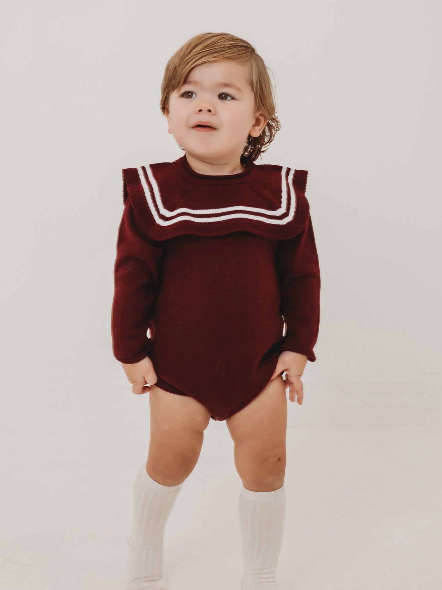 'Charlie' burgundy & ivory knitted romper with sailor collar - Rose & Albert