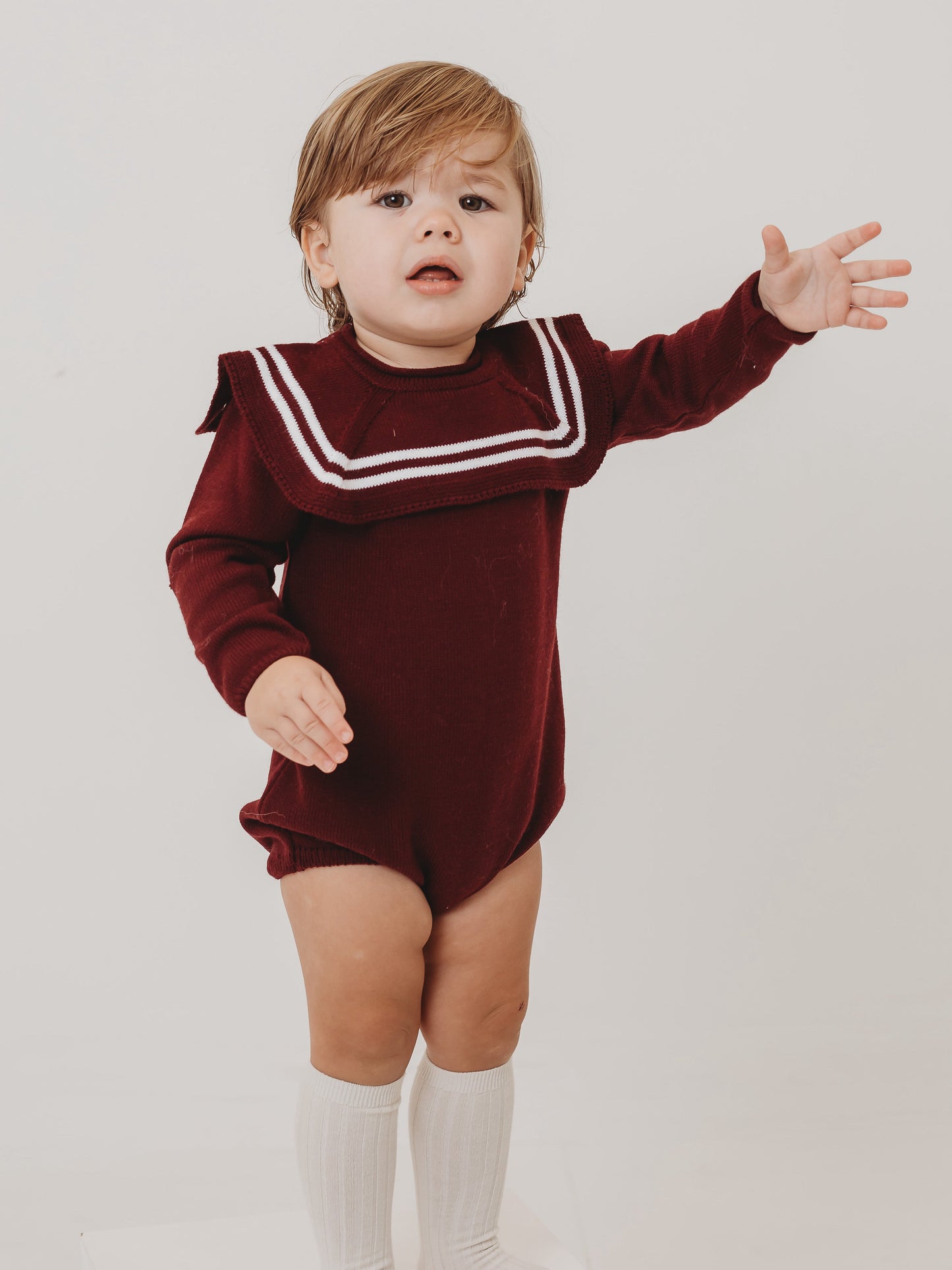 'Charlie' burgundy & ivory knitted romper with sailor collar - Rose & Albert