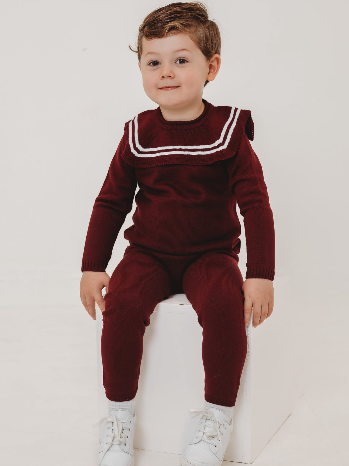 'Alfie' burgundy & ivory knitted suit with sailor collar - Rose & Albert