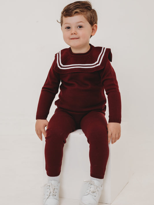'Alfie' burgundy & ivory knitted suit with sailor collar - Rose & Albert