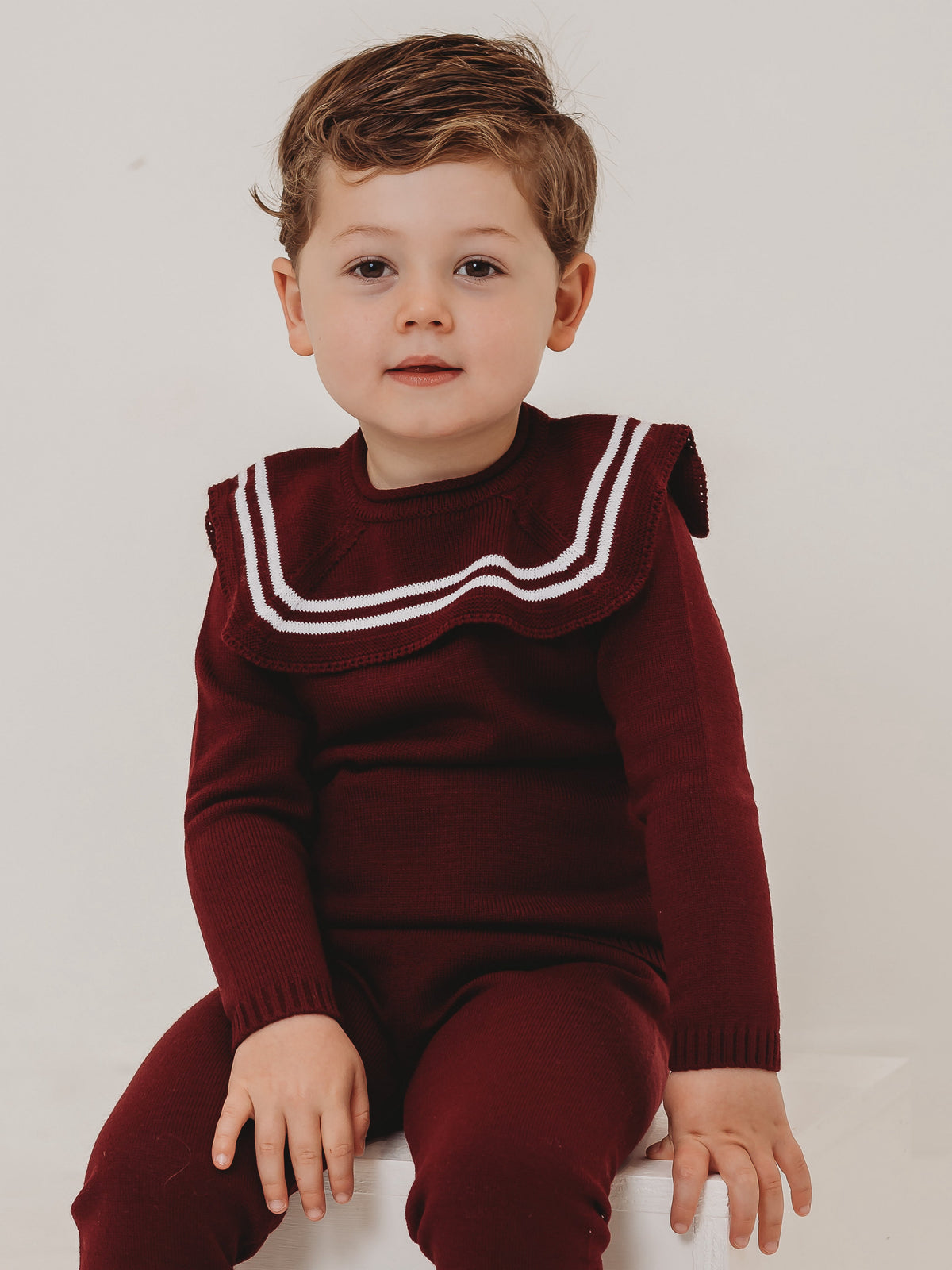 'Alfie' burgundy & ivory knitted suit with sailor collar - Rose & Albert
