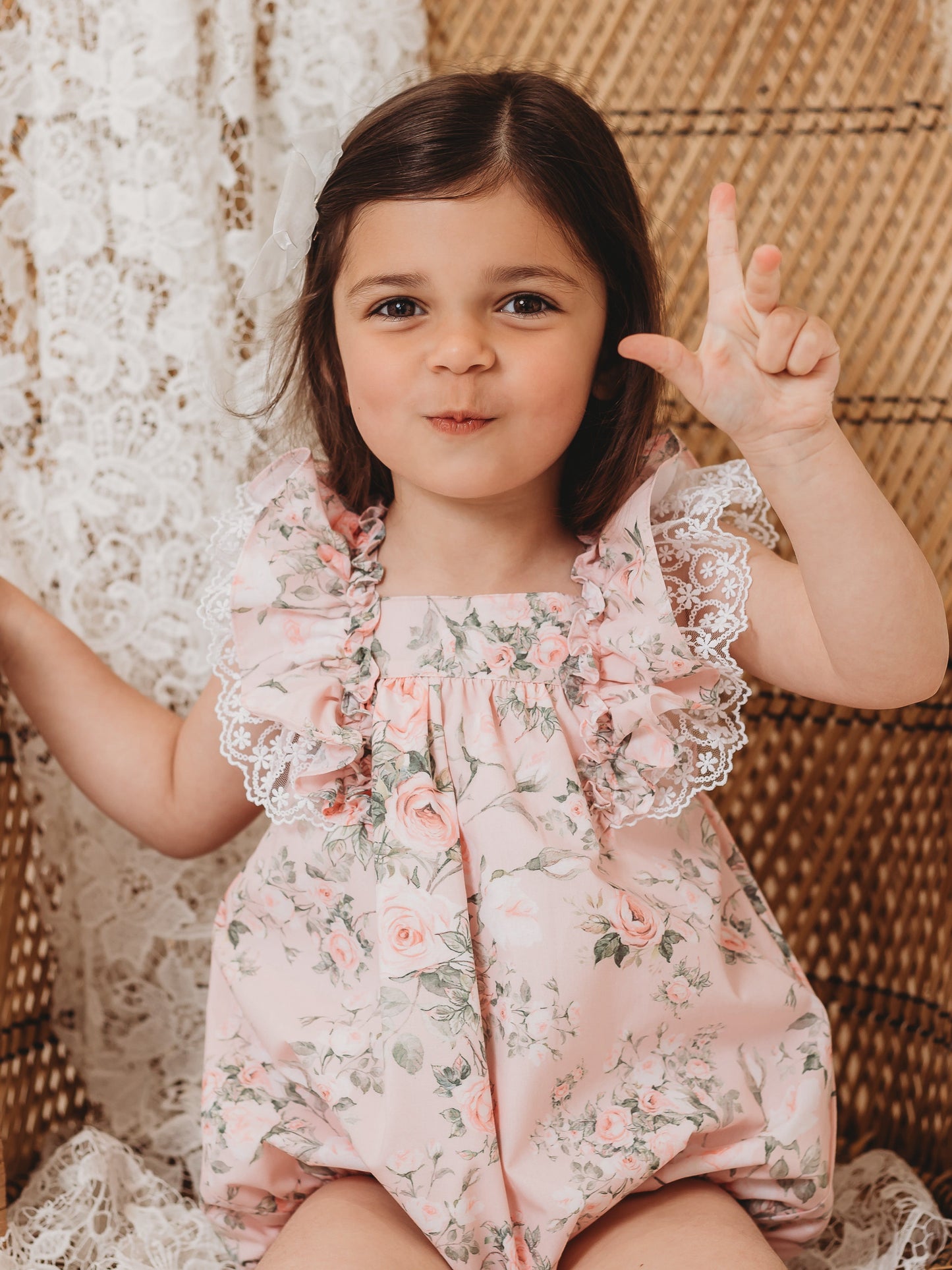 'Penelope' pink floral print strappy romper with lace - Rose & Albert