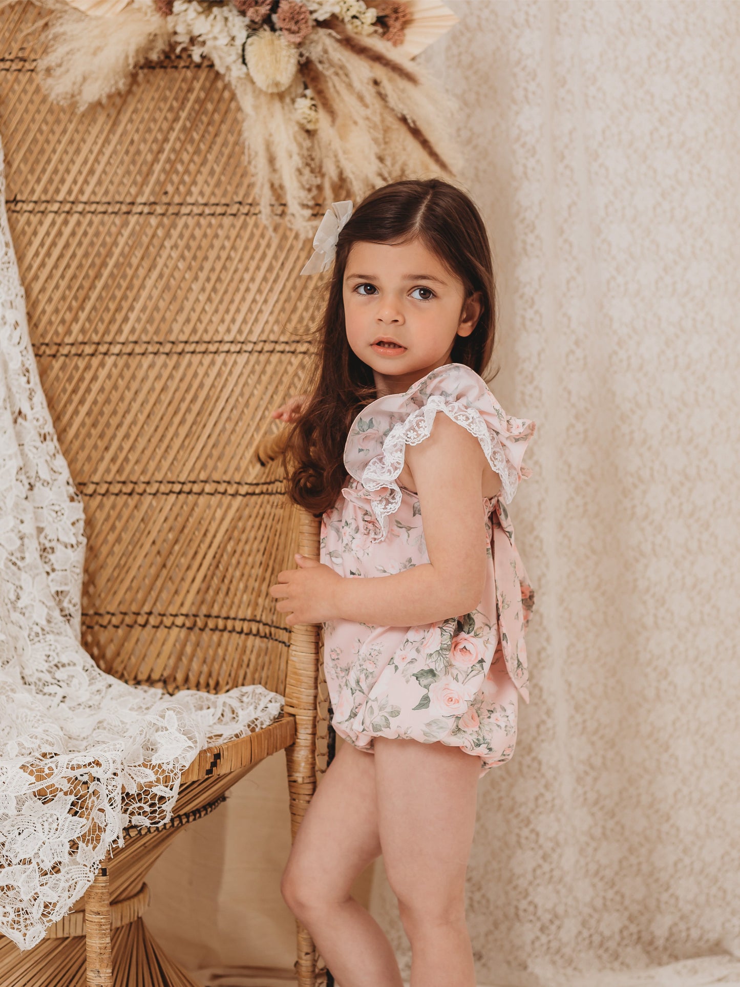 'Penelope' pink floral print strappy romper with lace - Rose & Albert