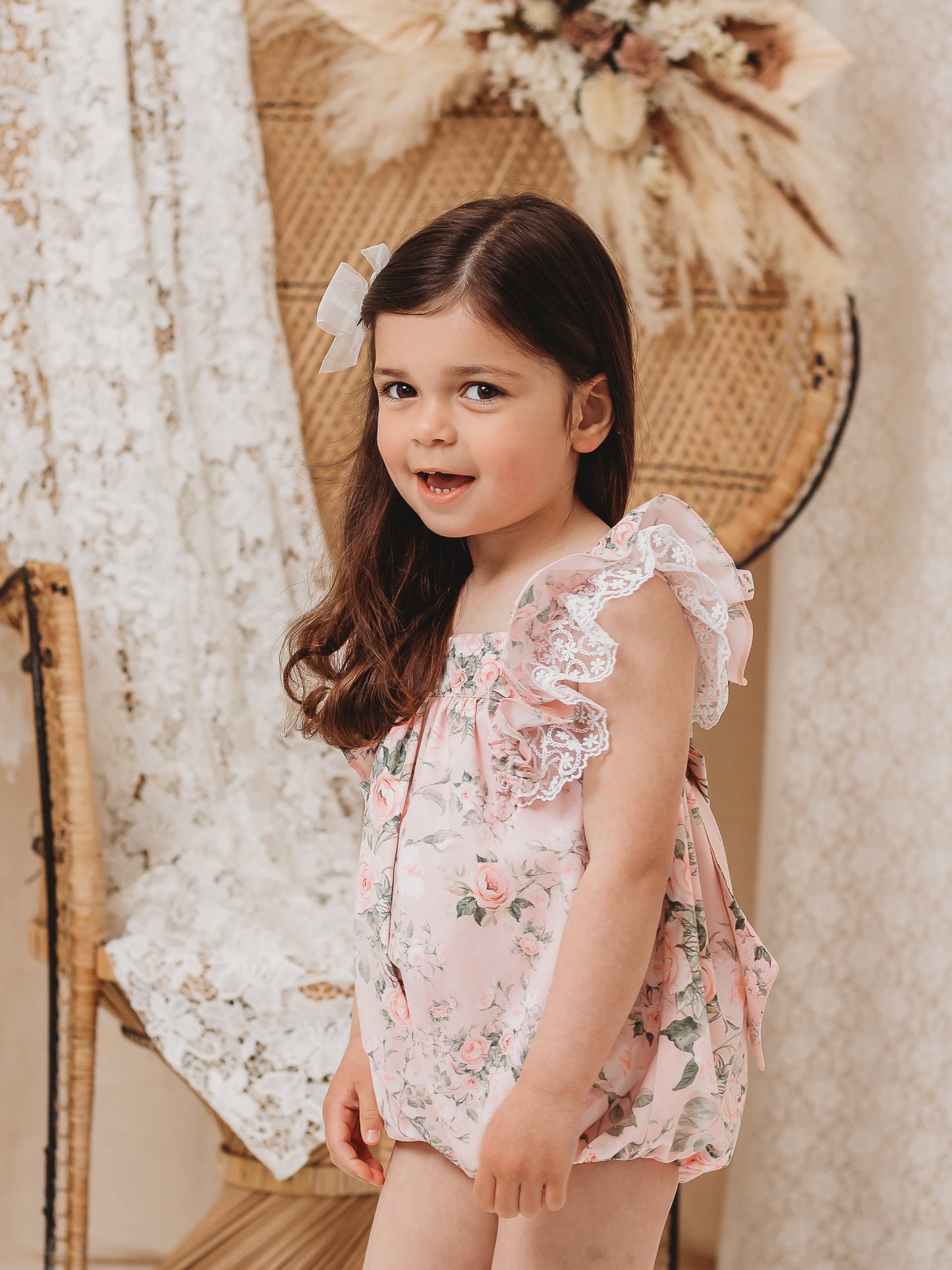'Penelope' pink floral print strappy romper with lace - Rose & Albert