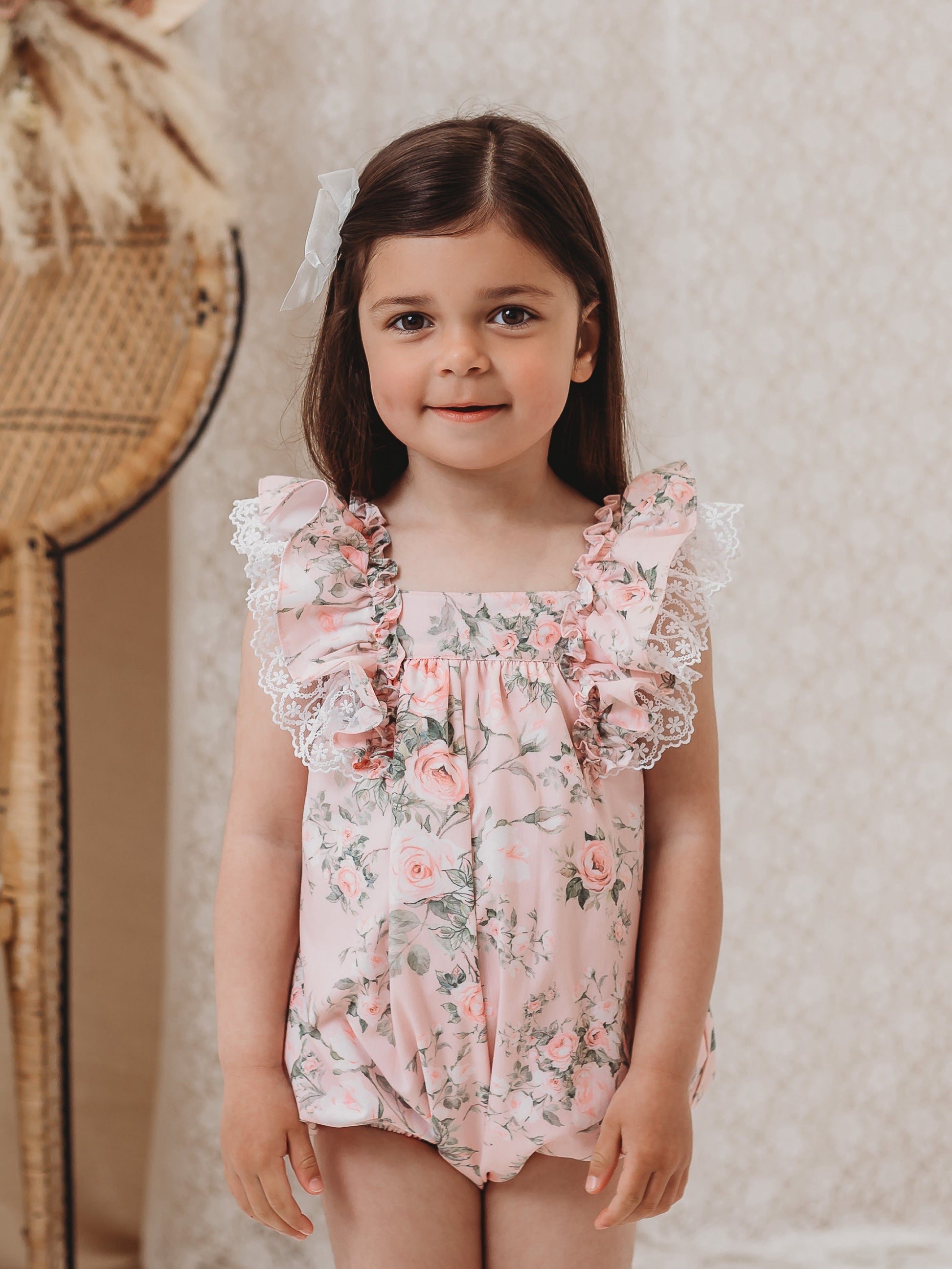 'Penelope' pink floral print strappy romper with lace - Rose & Albert