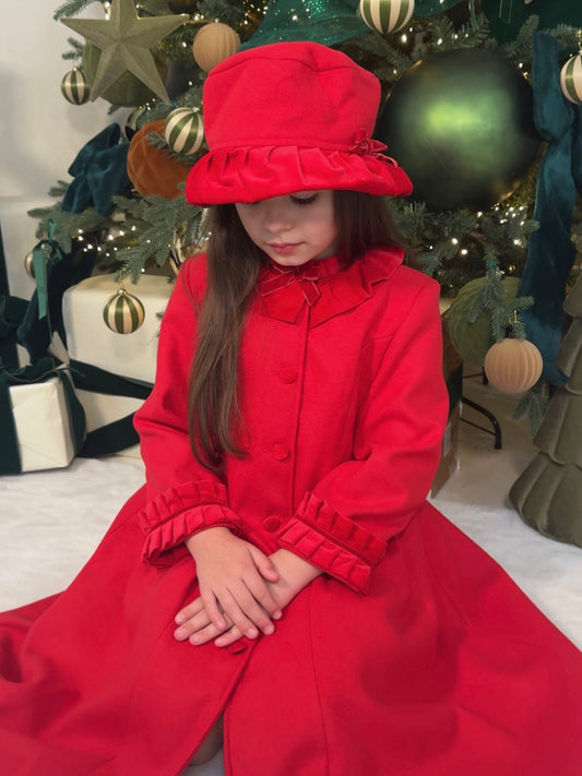 Sarah Louise Traditional velvet trimmed red coat & hat - Rose & Albert