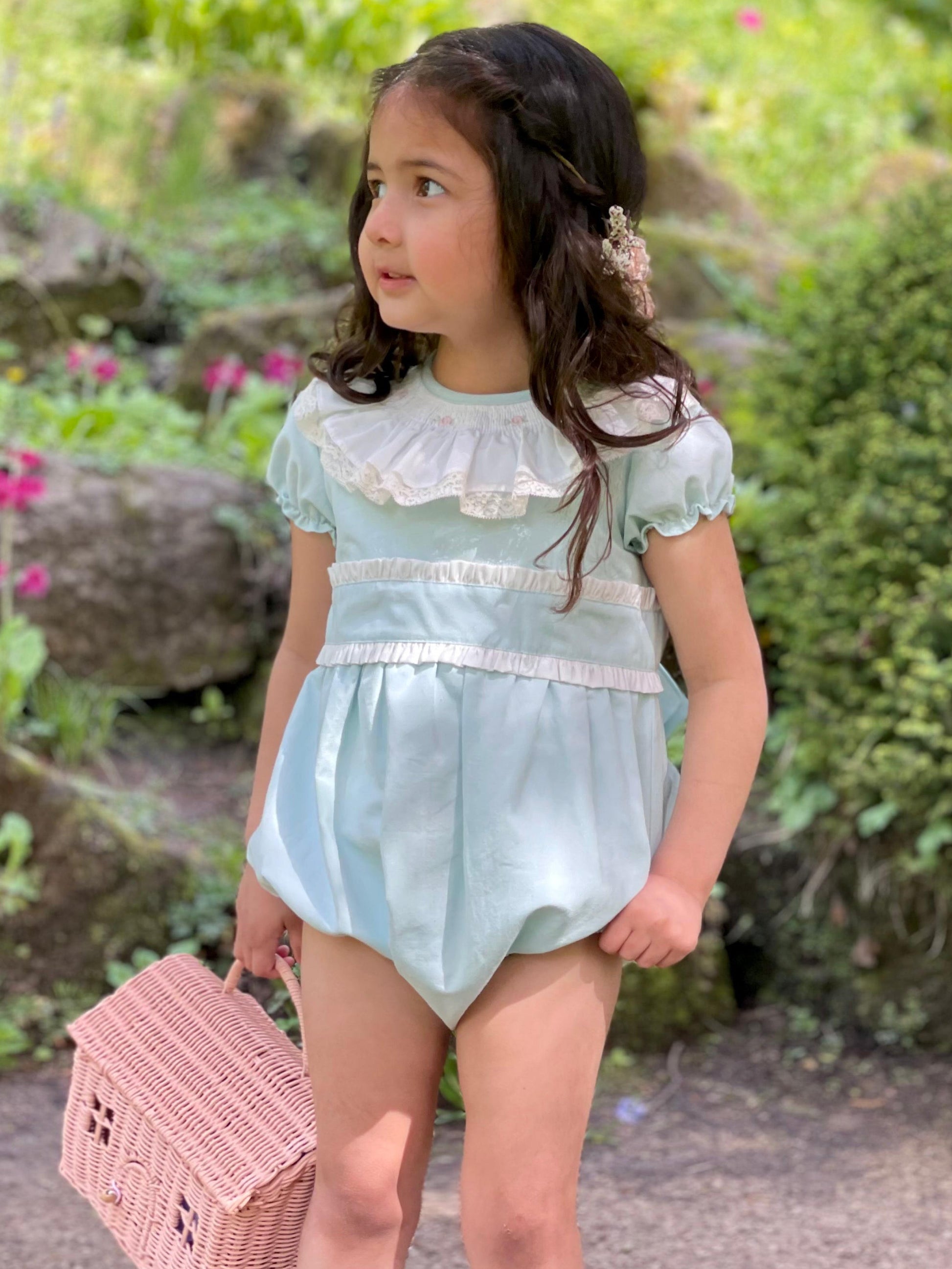 'Eva' Mint Green Embroidered & frill romper - Rose & Albert