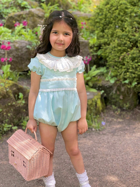 'Eva' Mint Green Embroidered & frill romper - Rose & Albert