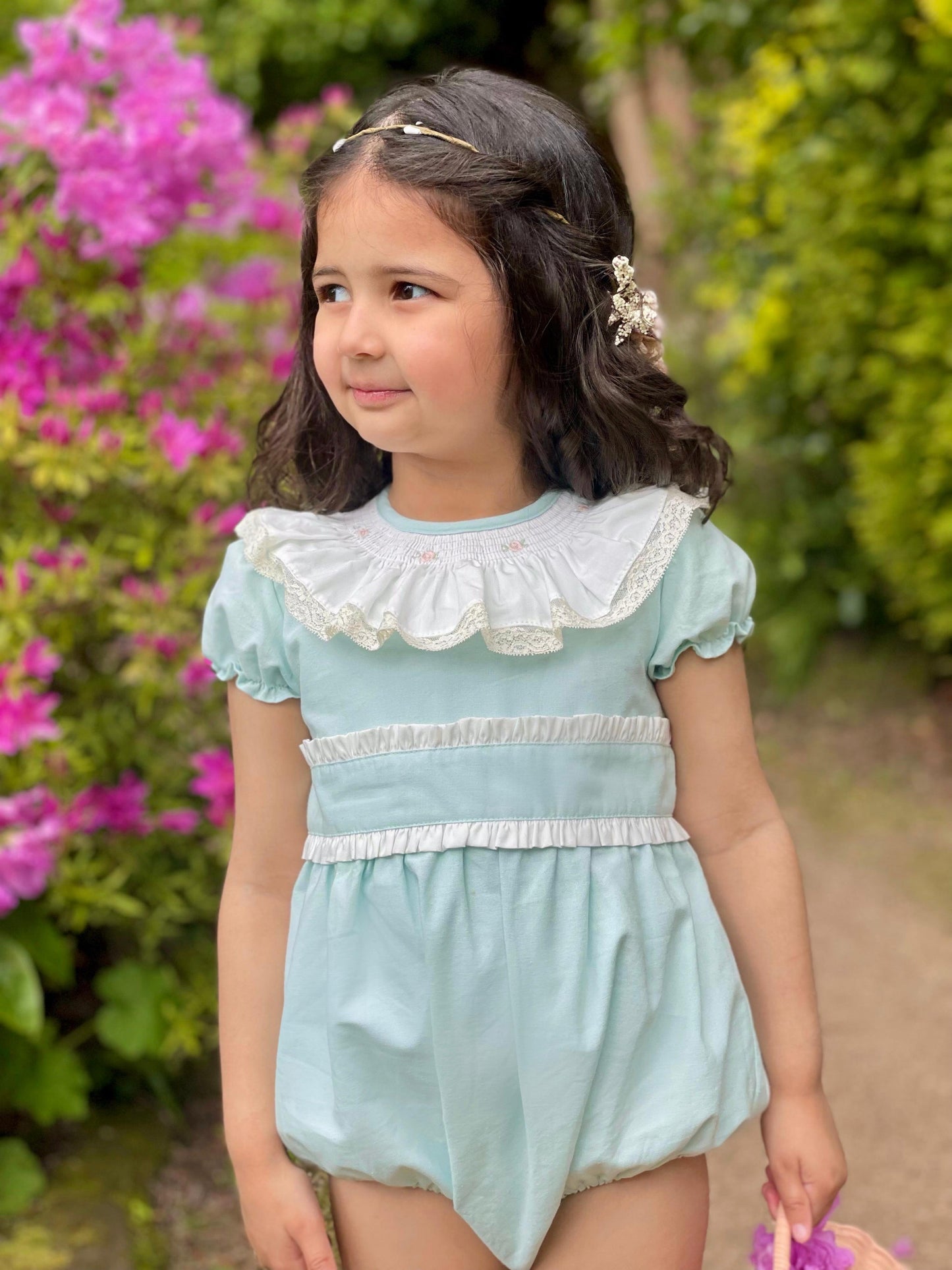 'Eva' Mint Green Embroidered & frill romper - Rose & Albert
