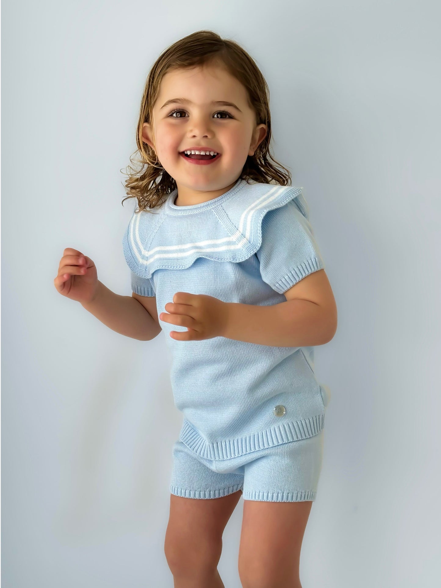 'Harry' Blue & white knitted short set with sailor collar - Rose & Albert