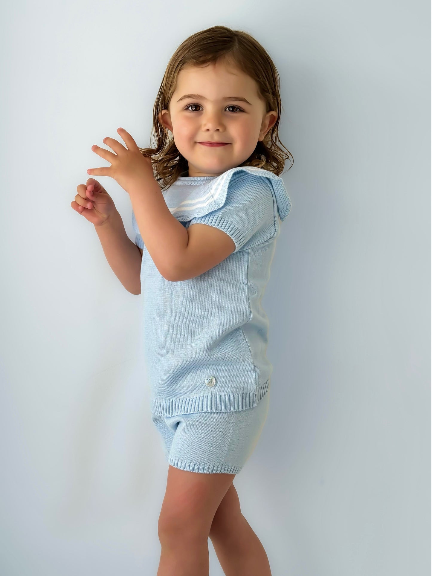 'Harry' Blue & white knitted short set with sailor collar - Rose & Albert