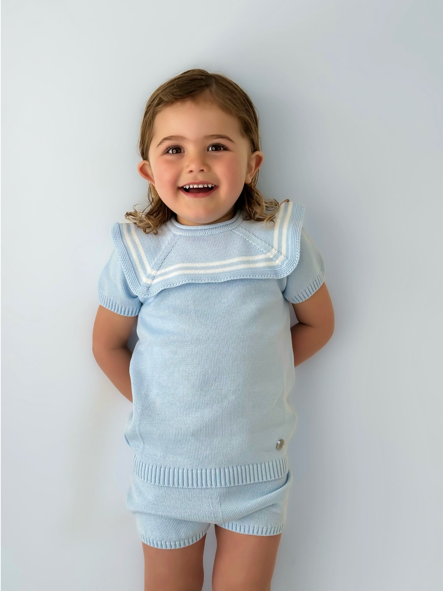 'Harry' Blue & white knitted short set with sailor collar - Rose & Albert