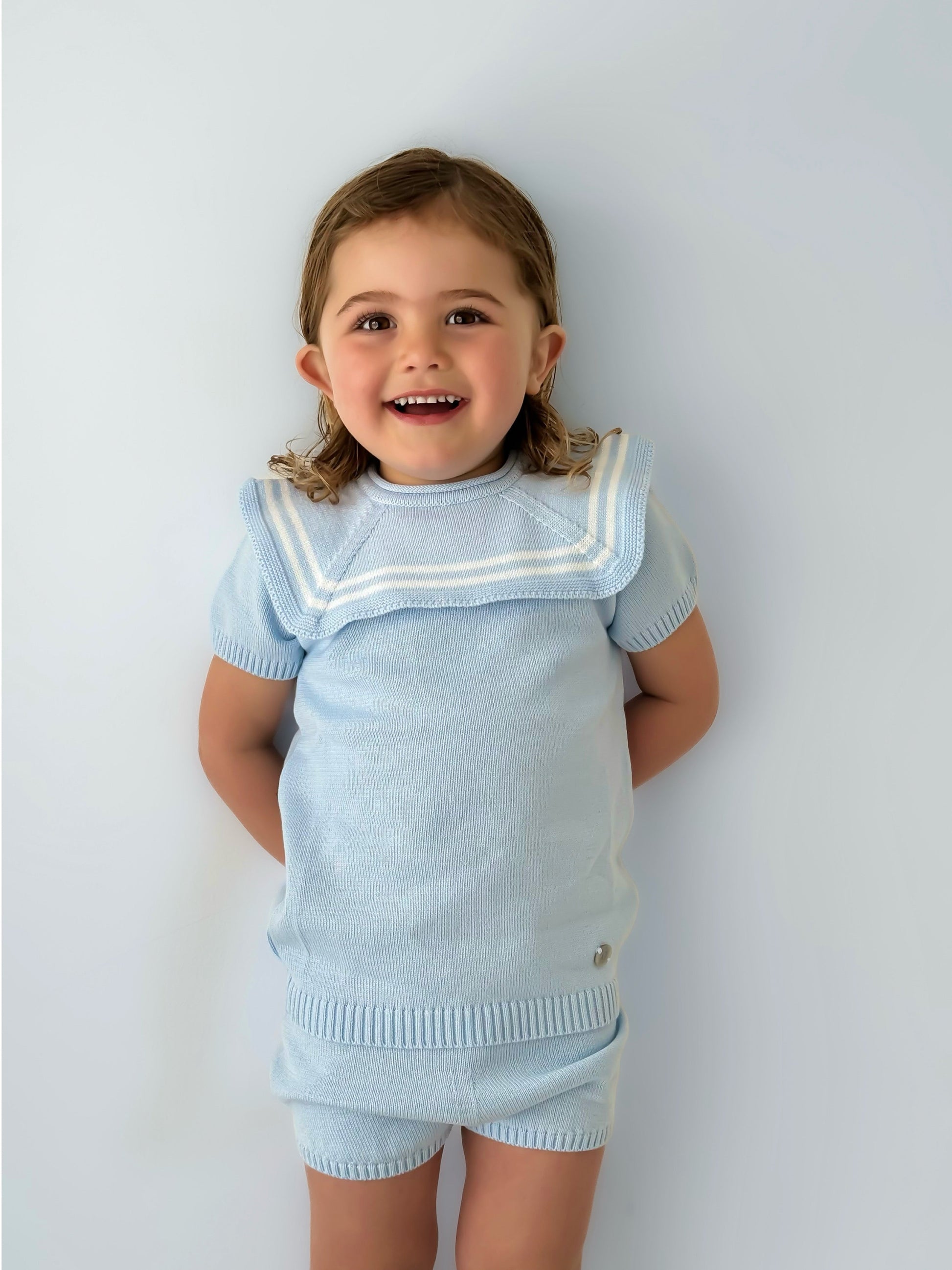 'Harry' Blue & white knitted short set with sailor collar - Rose & Albert