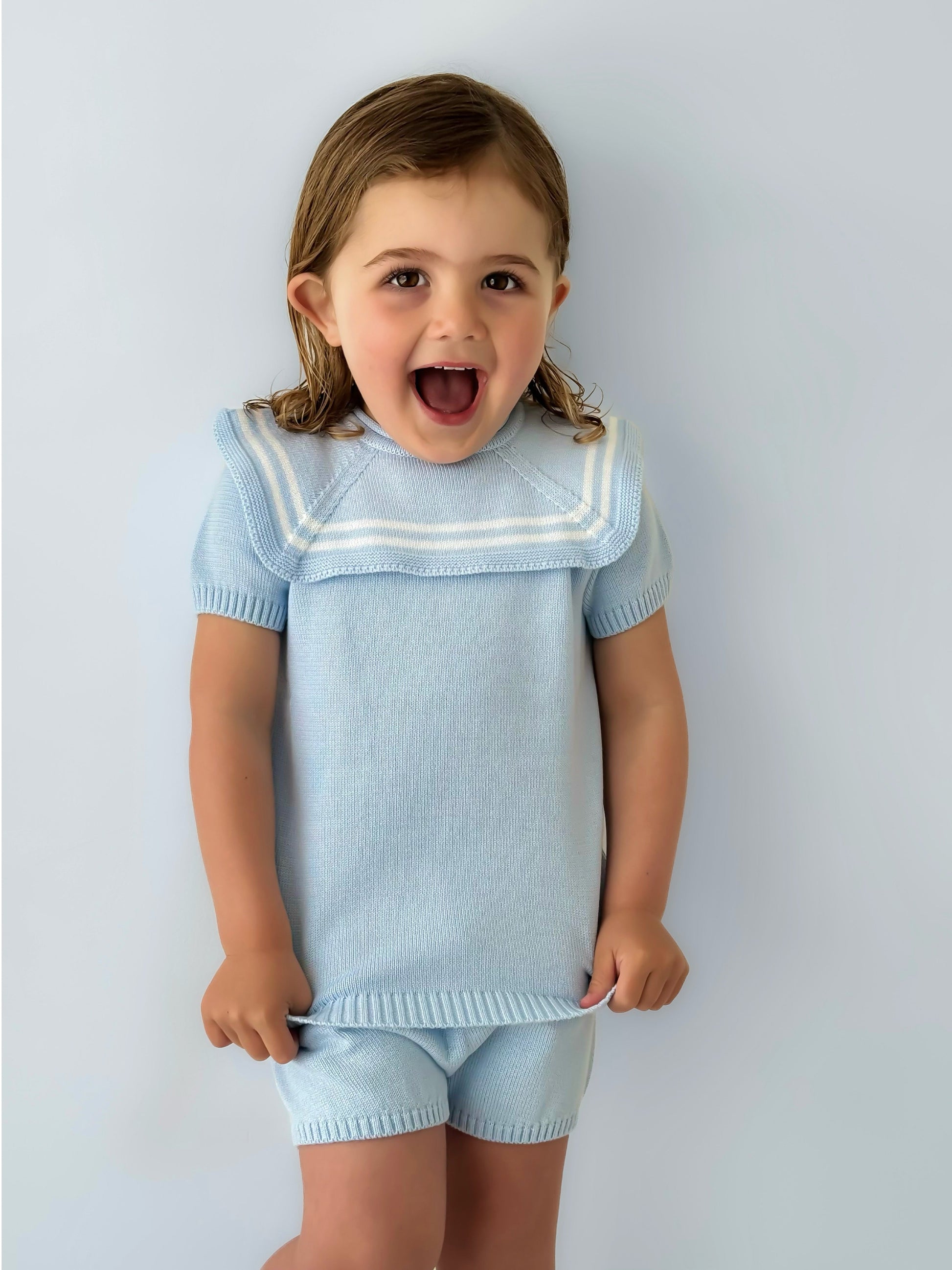 'Harry' Blue & white knitted short set with sailor collar - Rose & Albert