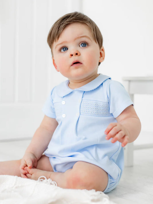 Pex Blue Smocked Cotton Romper - Rose & Albert