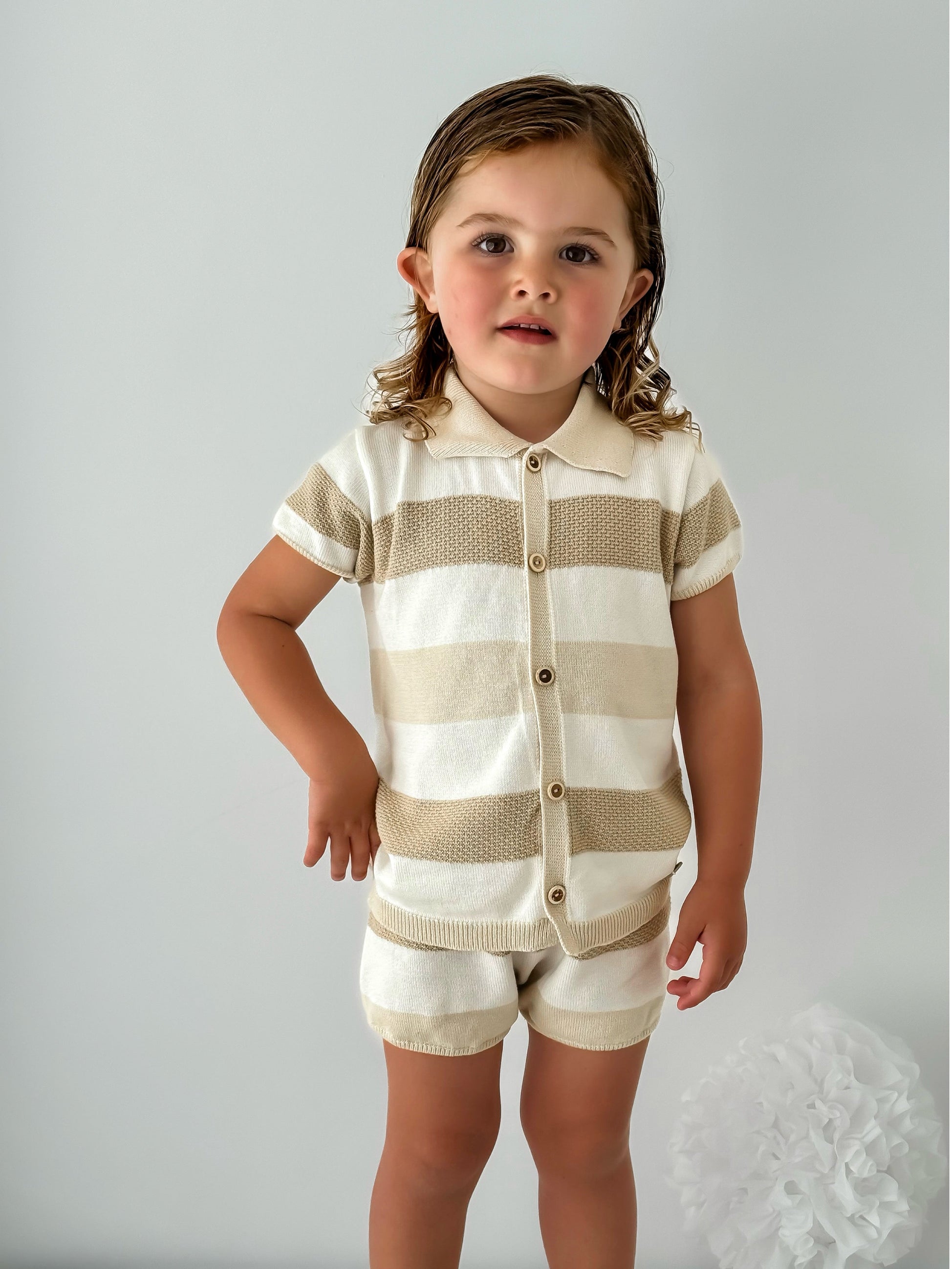 'Ezra' Beige Stripe Knitted Short Set - Rose & Albert
