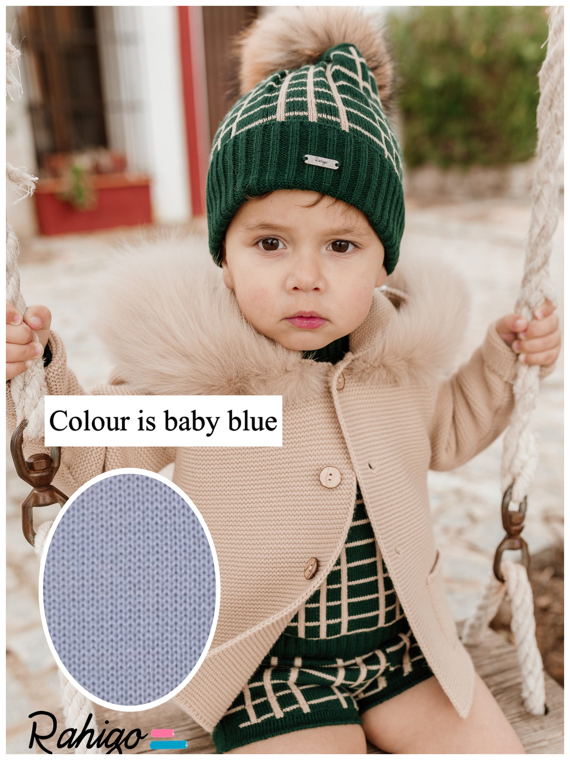 Rahigo baby blue knitted cardigan with fur hood - Rose & Albert
