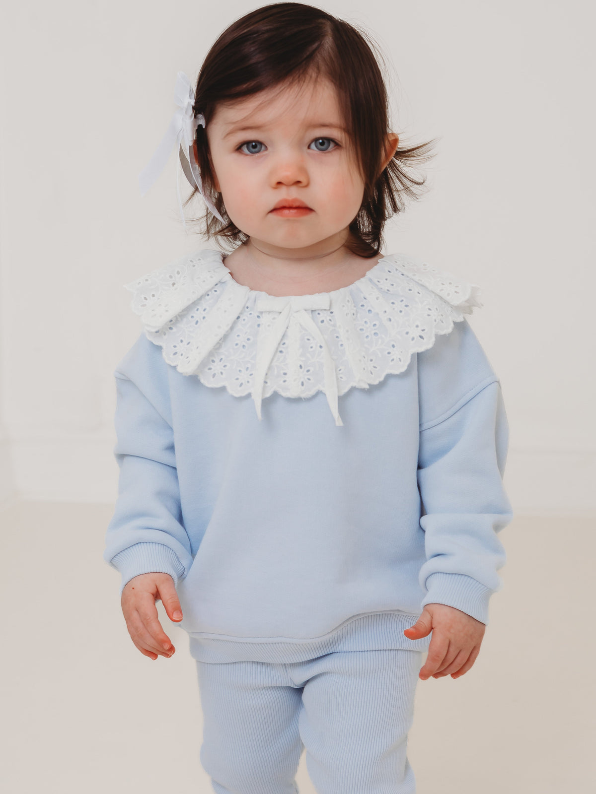 Maeve Blue broiderie anglais frill collar top & ribbed legging set - Rose & Albert