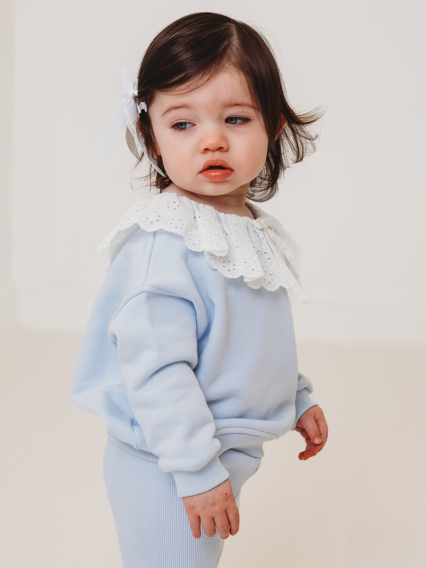Maeve Blue broiderie anglais frill collar top & ribbed legging set - Rose & Albert