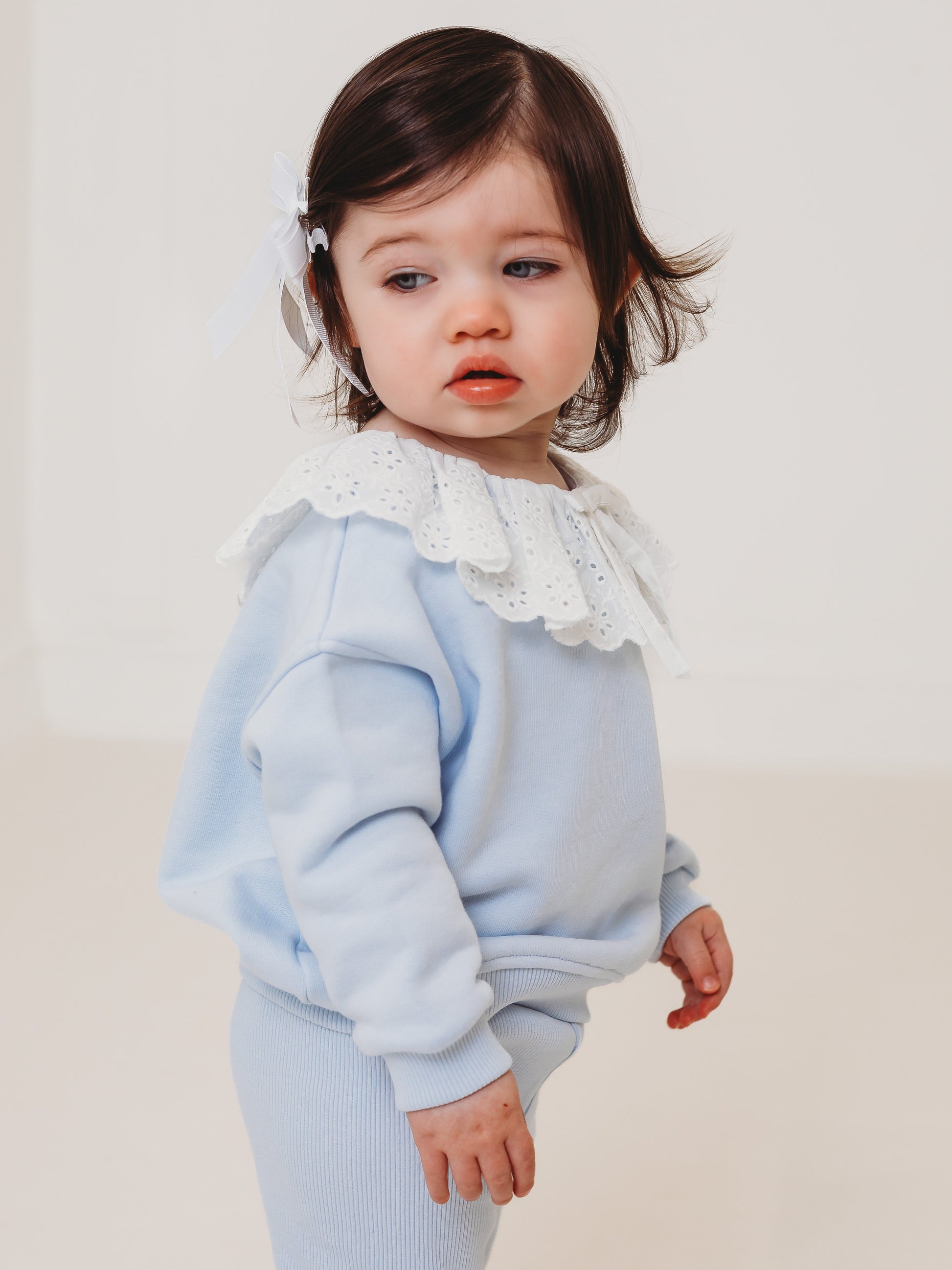Maeve Blue broiderie anglais frill collar top & ribbed legging set - Rose & Albert