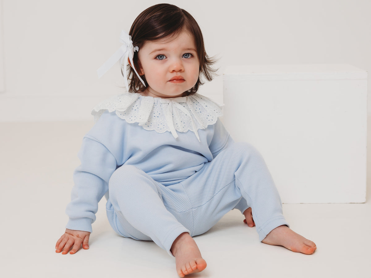 Maeve Blue broiderie anglais frill collar top & ribbed legging set - Rose & Albert