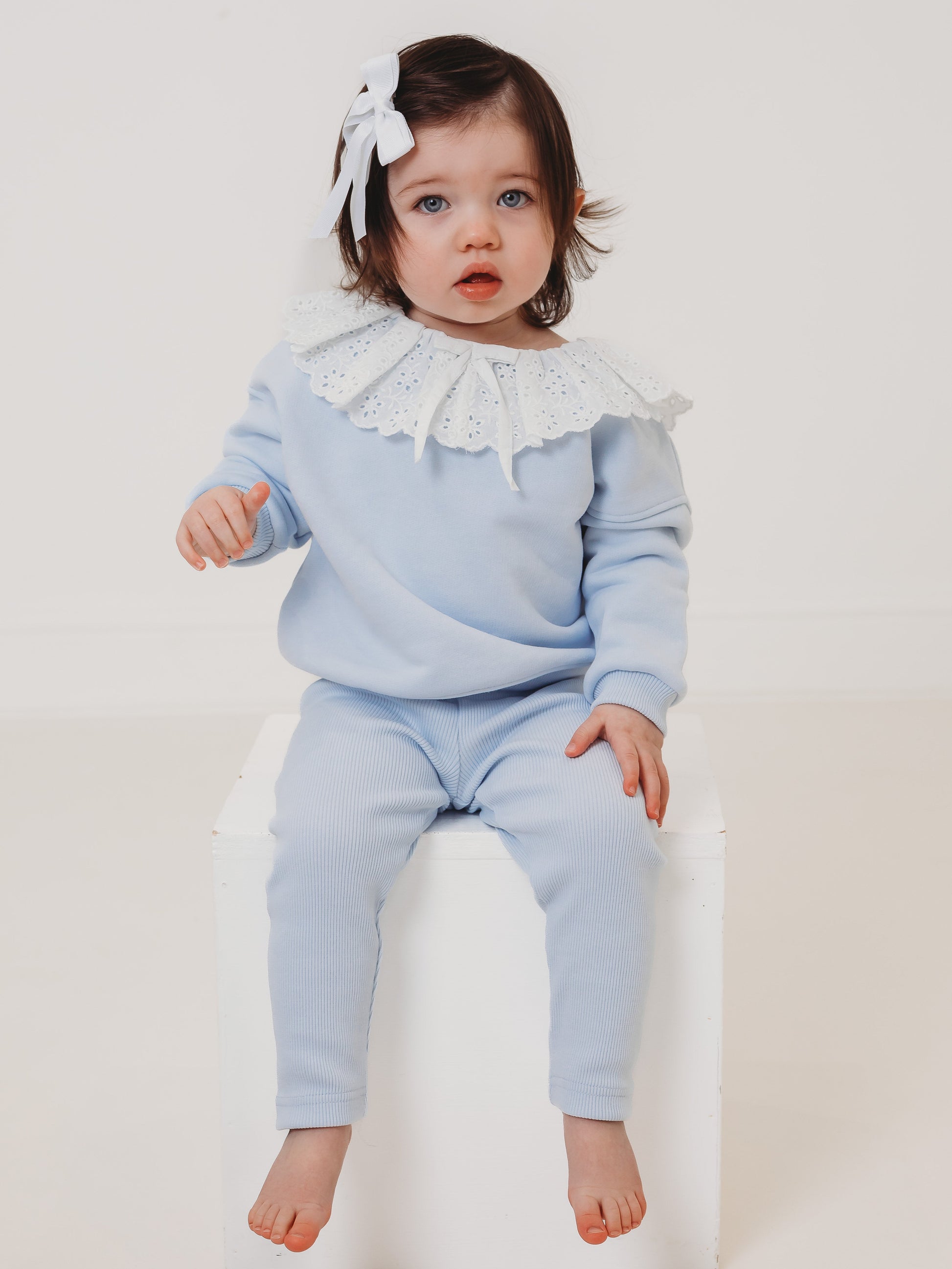 Maeve Blue broiderie anglais frill collar top & ribbed legging set - Rose & Albert