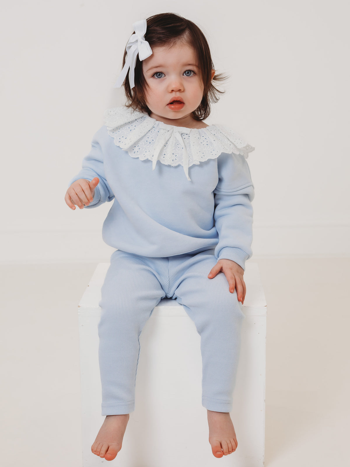 Maeve Blue broiderie anglais frill collar top & ribbed legging set - Rose & Albert