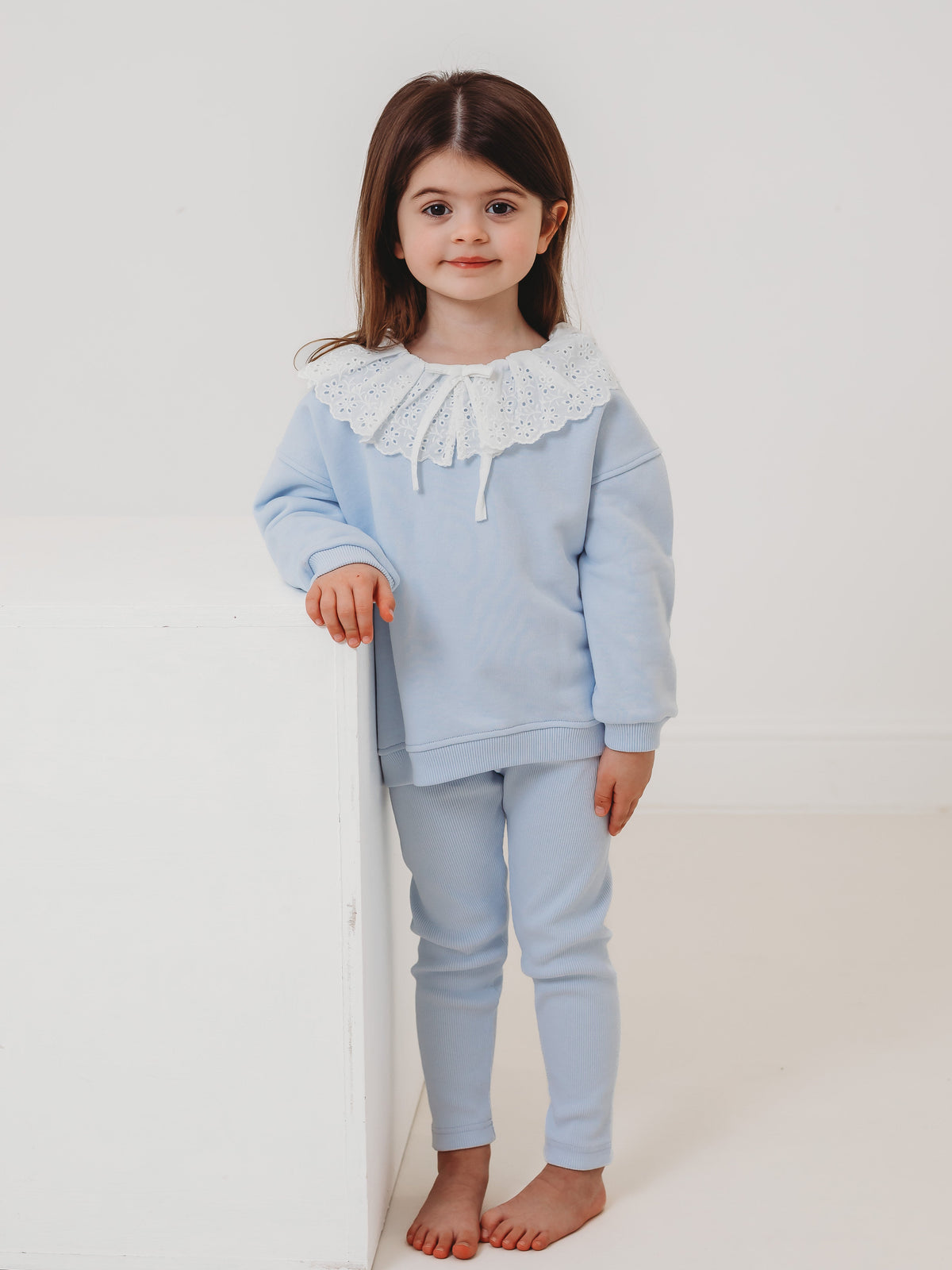 Maeve Blue broiderie anglais frill collar top & ribbed legging set - Rose & Albert